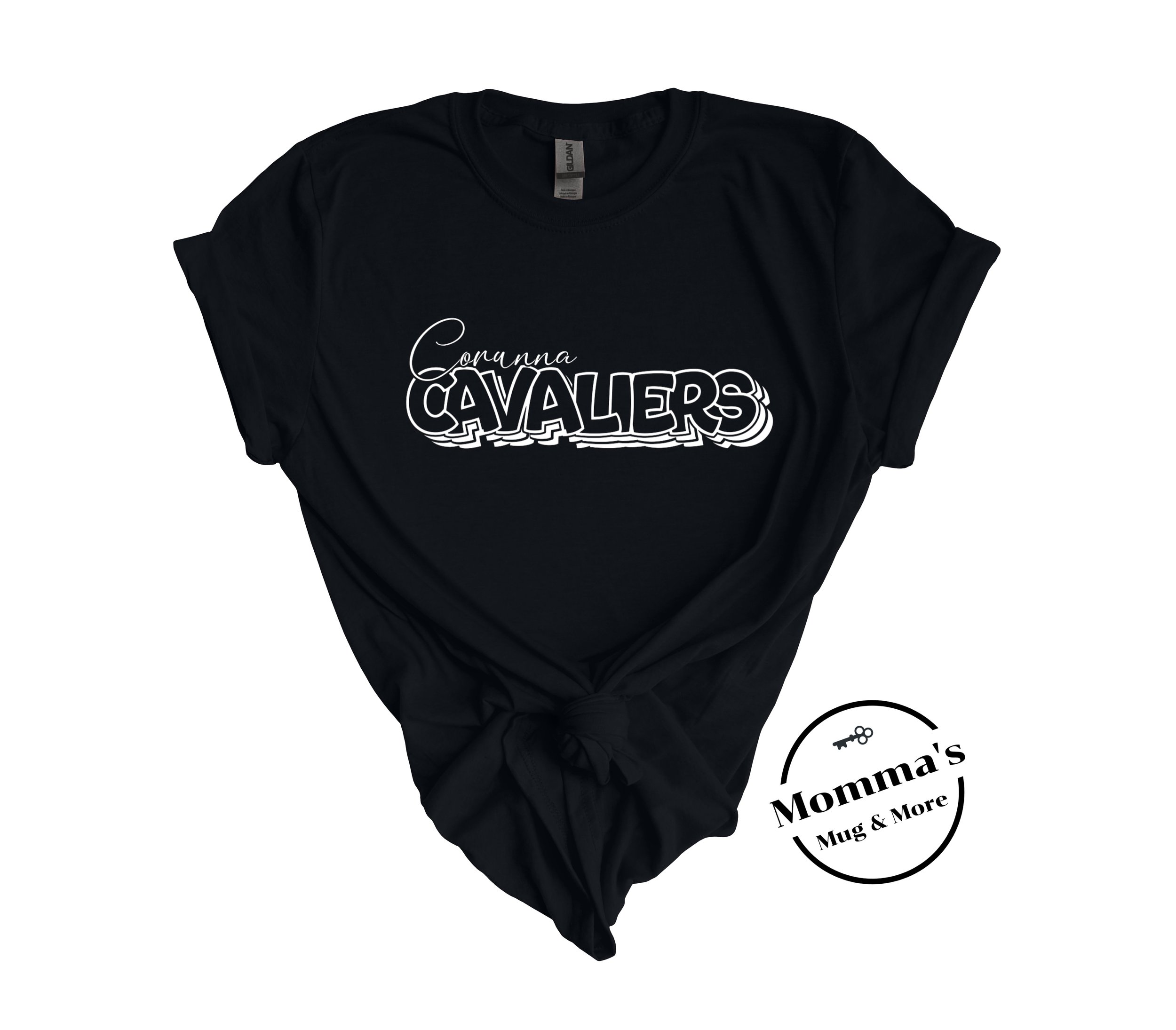 CORUNNA CAVALIERS ON REPEAT WHITE ON BLACK TEE.jpeg