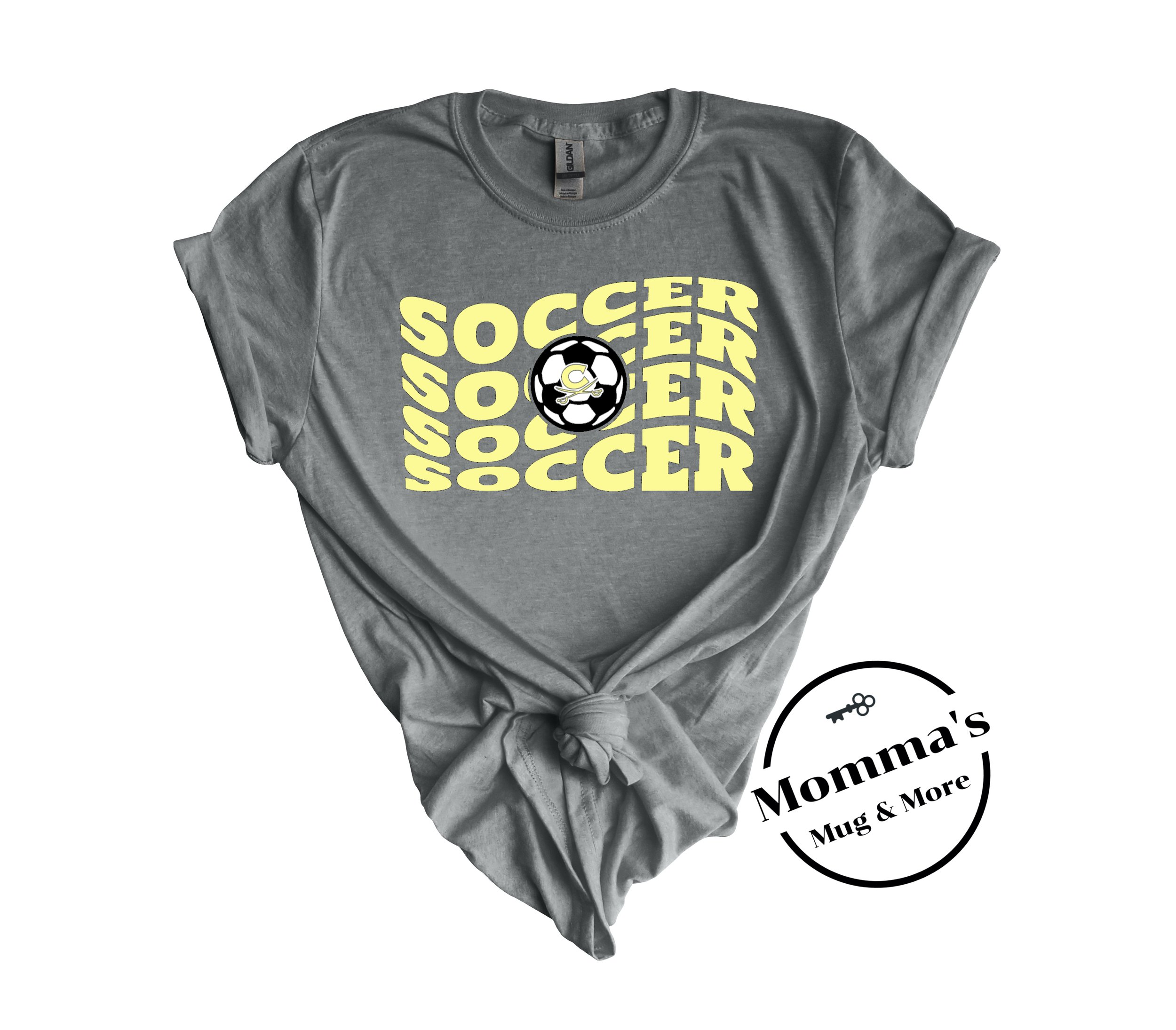 CORUNNA CAVALIERS SOCCER GOLD:BLACK:WHITE GRAPHITE HEATHER TEE.jpeg
