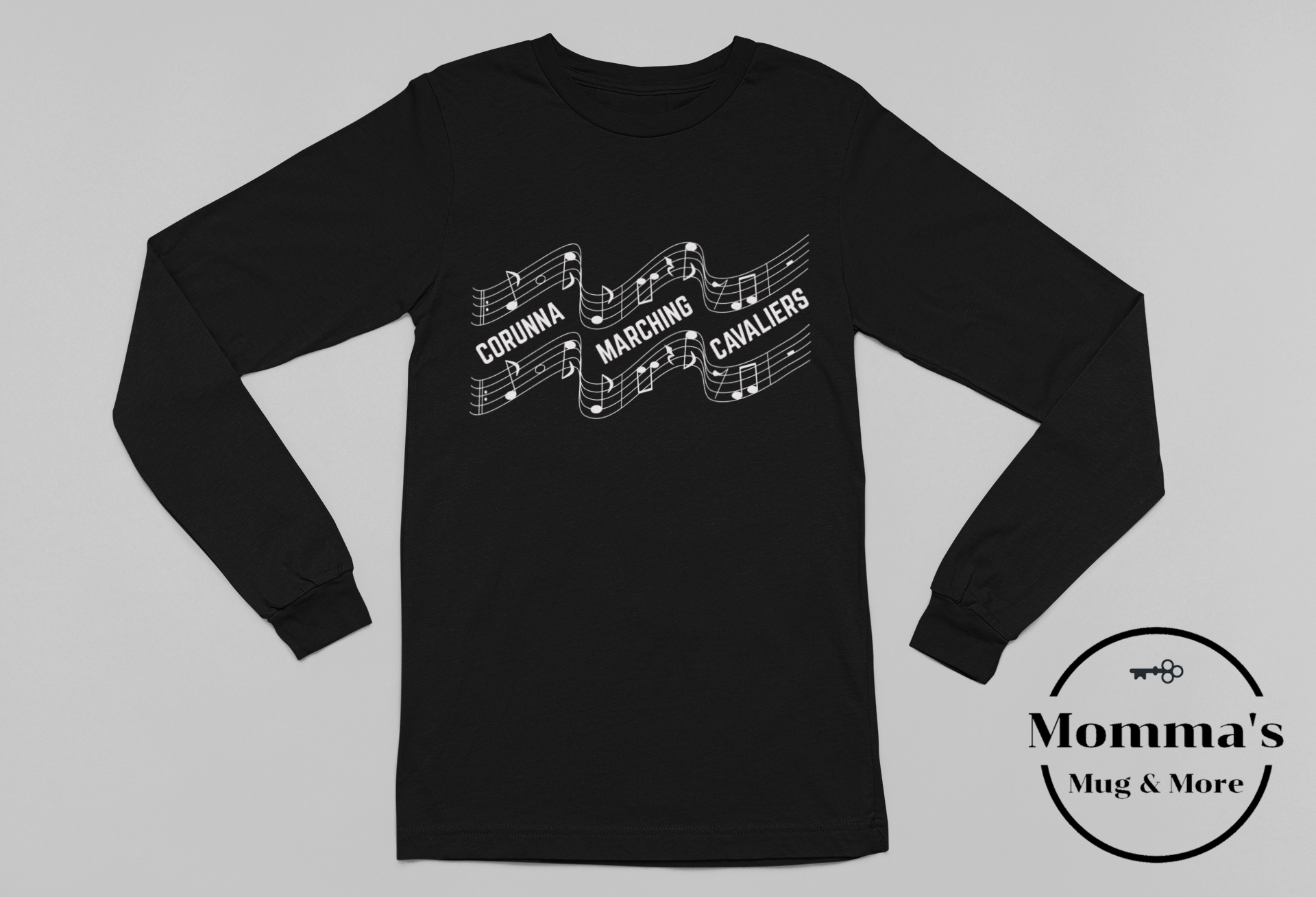 CAVALIERS MARCHING SHEET MUSIC WHITE AND BLACK SLEEVED TEE.png