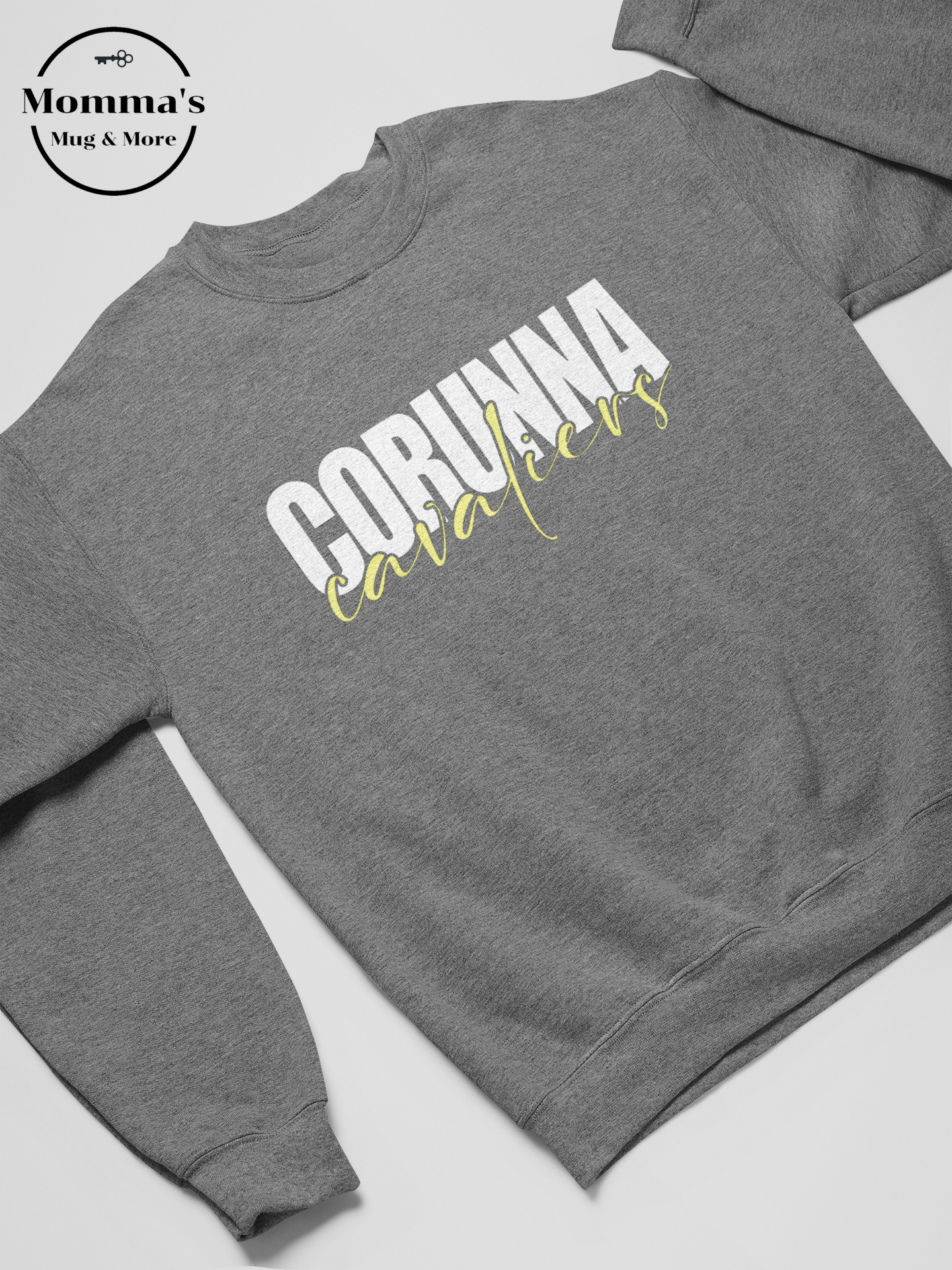 CORUNNA CAVALIERS SCRIPT WHITE AND GRAPHITE HEATHER SWEATSHIRT.png