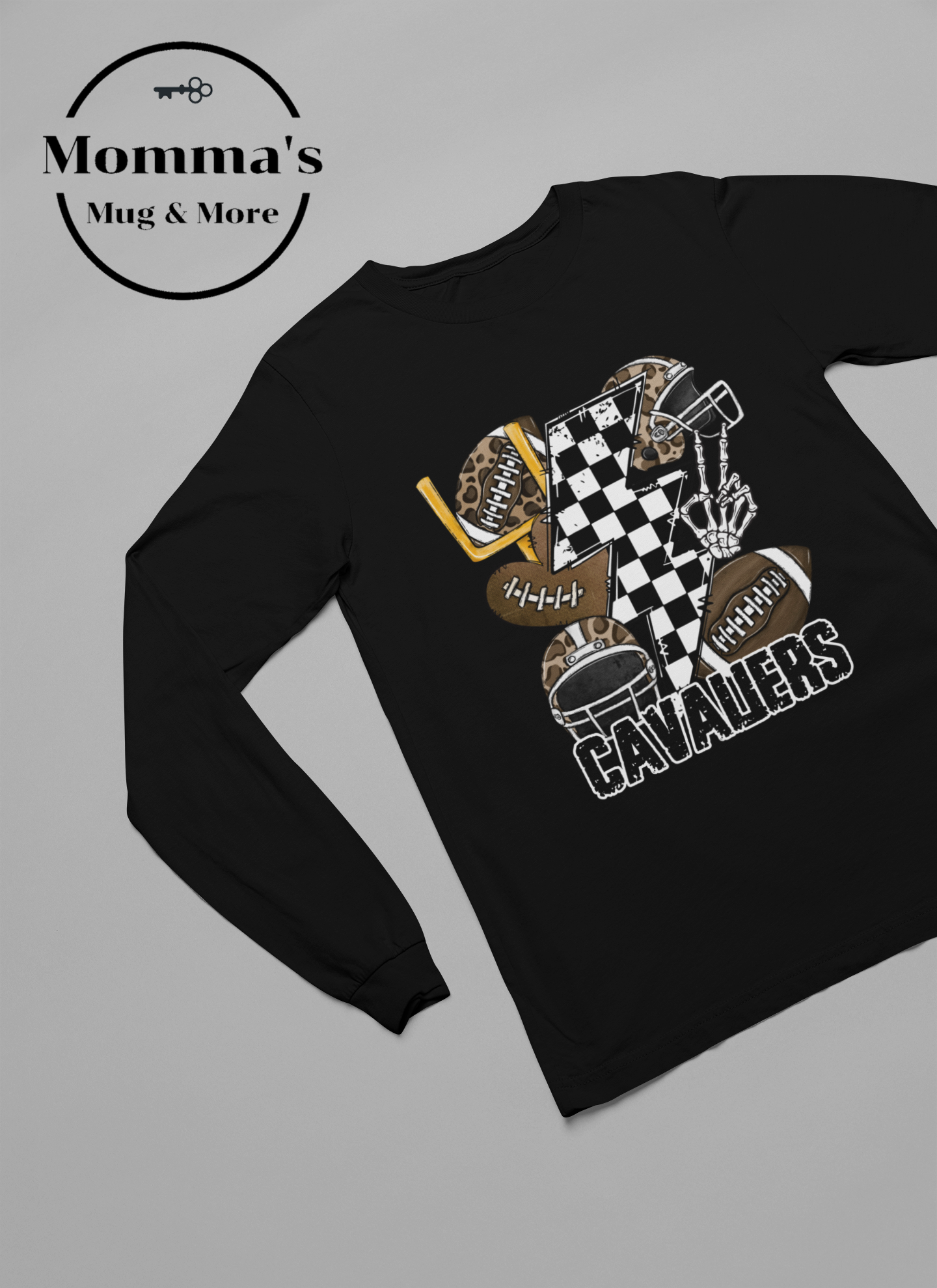 CAVALIERS FOOTBALL CHECKERED BOLTS BLACK SLEEVED TEE.png