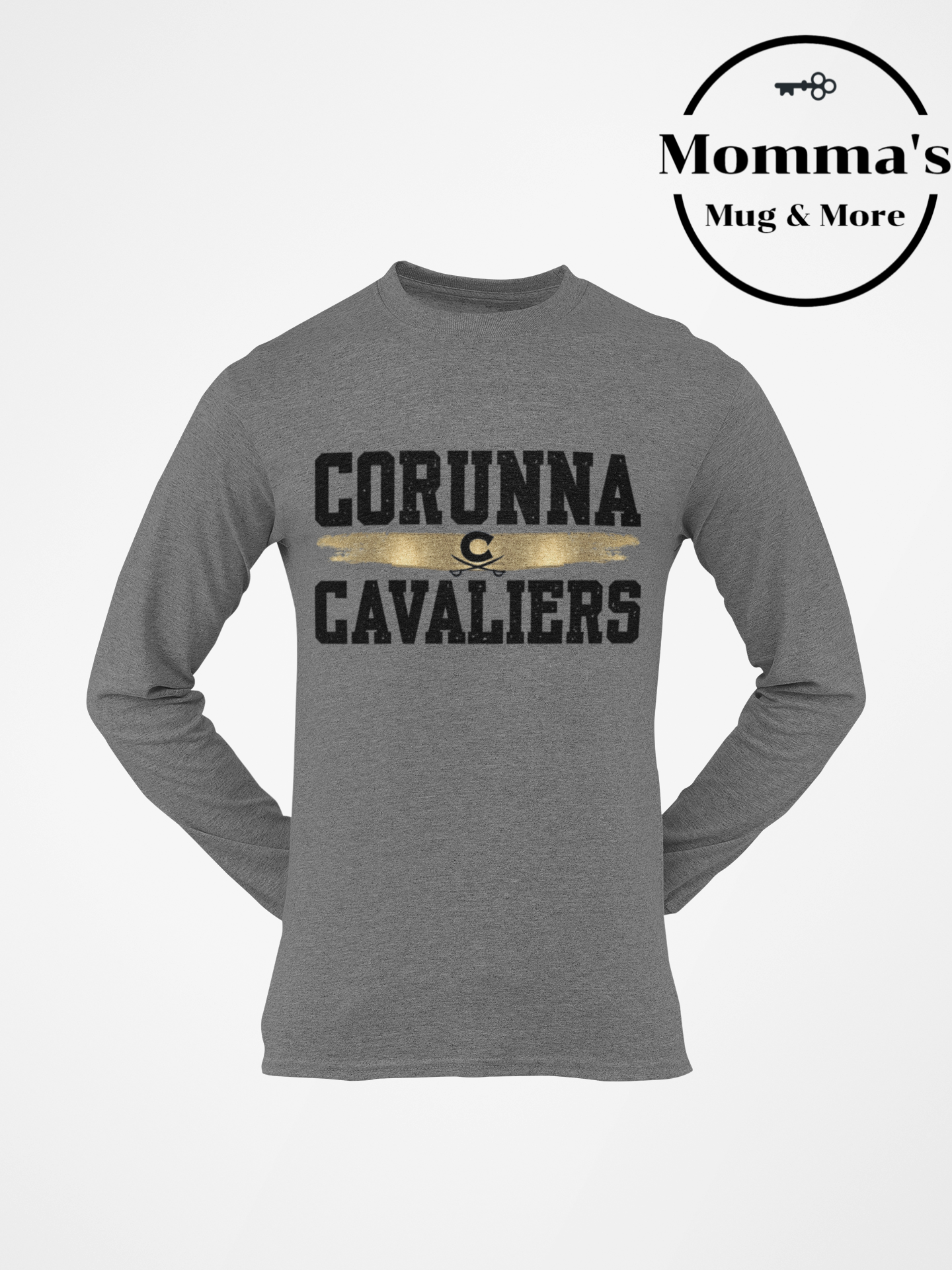 CORUNNA CAVALIERS GOLD SPLATTER GRAPHITE HEATHER SLEEVED TEE.png