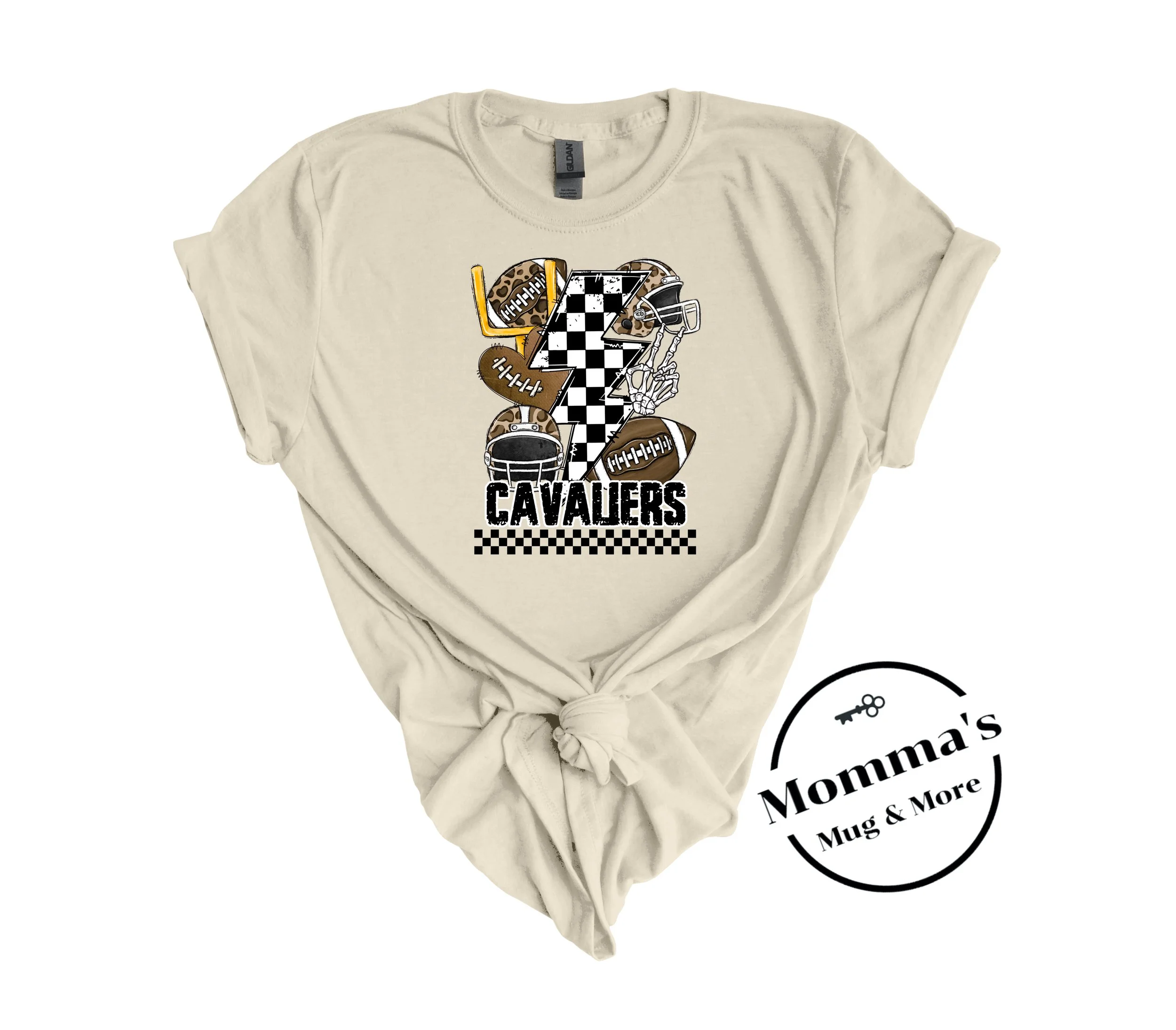 CAVALIERS FOOTBALL CHECKERED BOLTS NATURAL TEE.jpeg