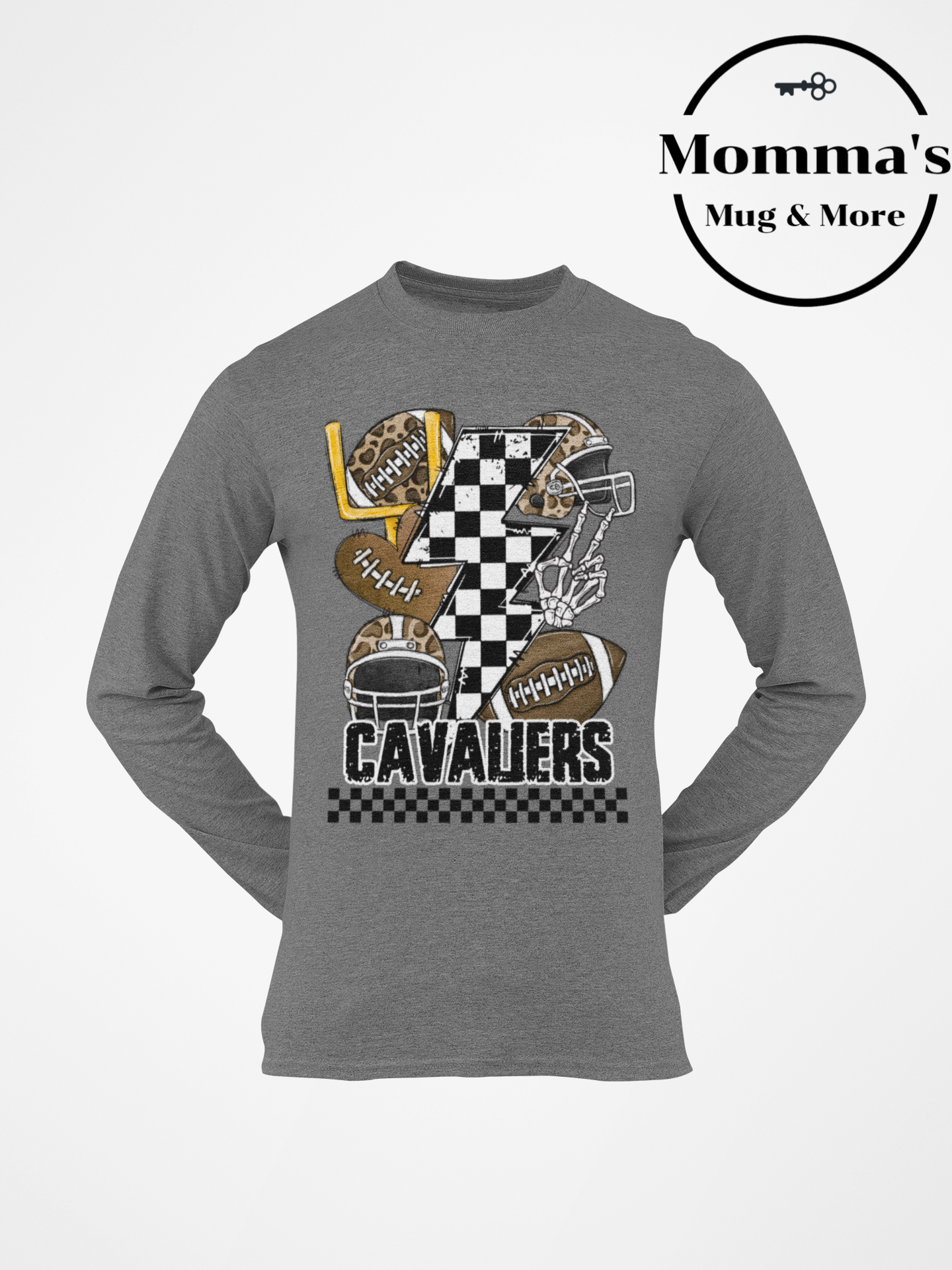 CAVALIERS FOOTBALL CHECKERED BOLTS GRAPHITE HEATHER SLEEVED TEE.png