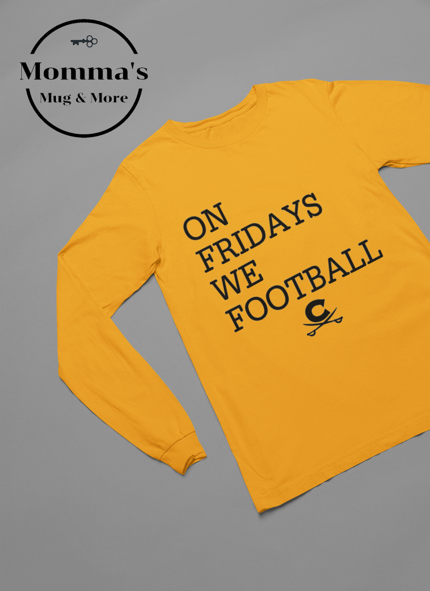 ON FRIDAYS WE FOOTBALL WITH CROSS SWORDS GOLD SLEEVED TEE.png