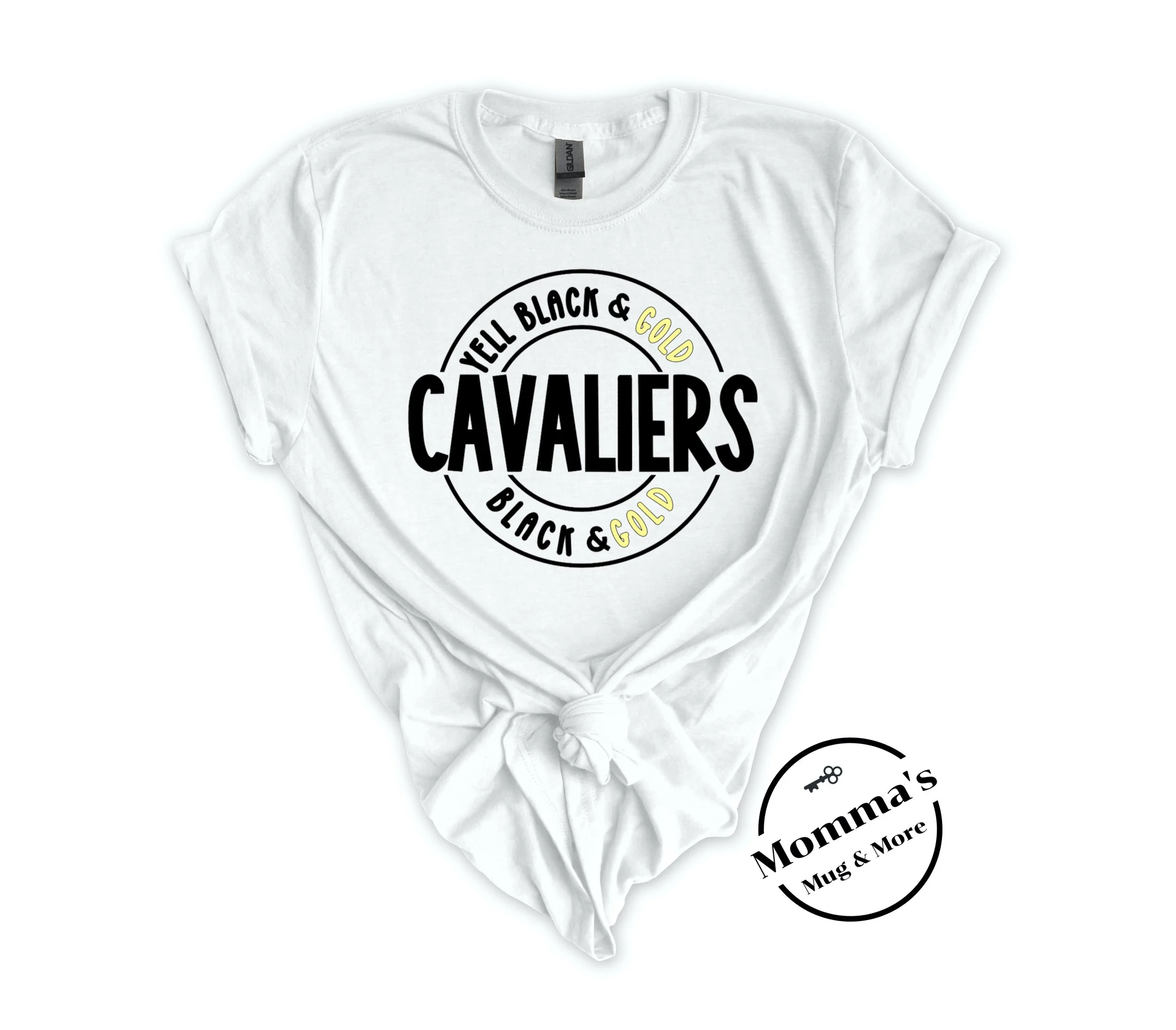 CORUNNA CAVALIERS YELL BLACK AND GOLD WHITE TEE.jpeg