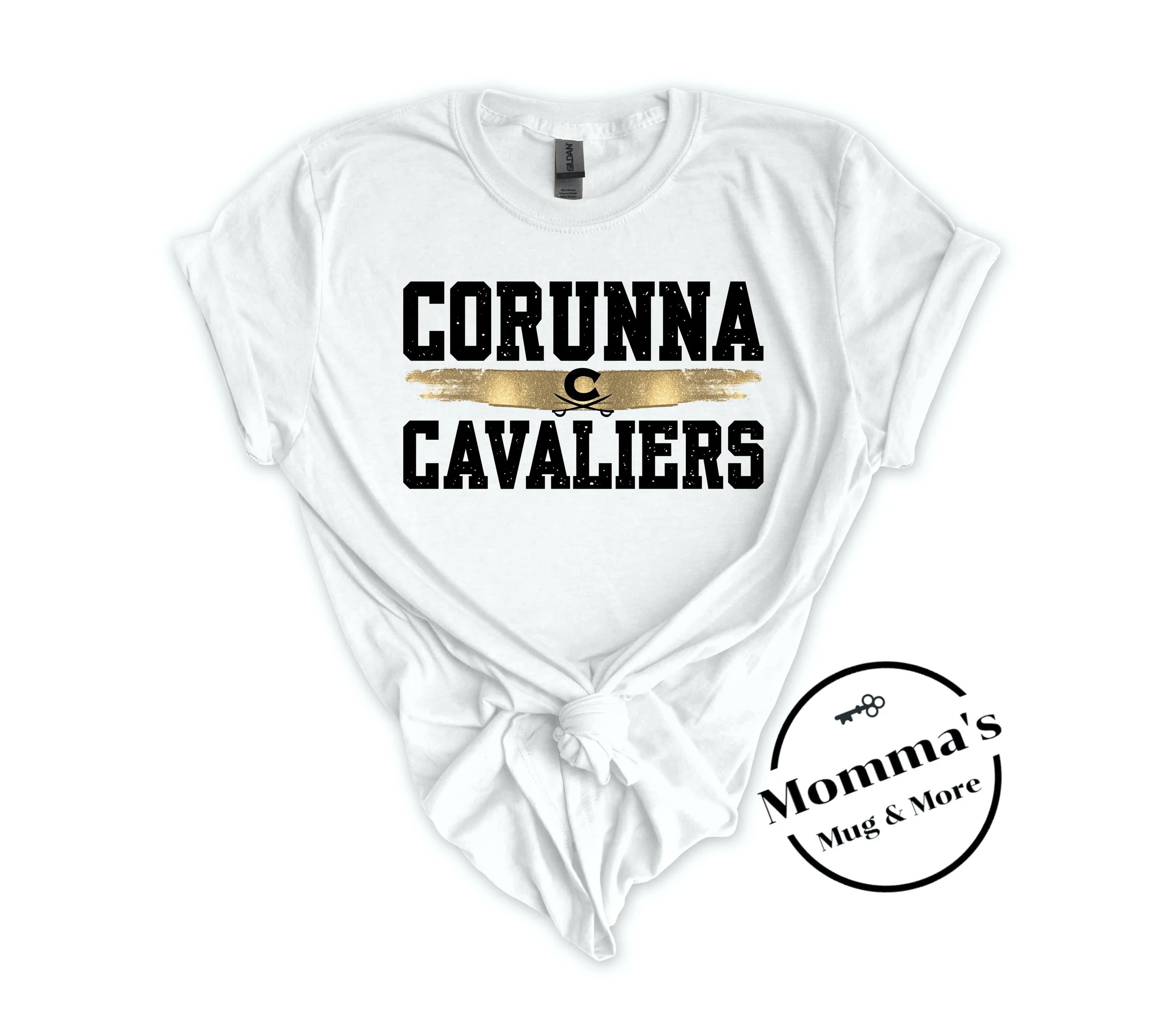 CORUNNA CAVALIERS GOLD SPLATTER WHITE TEE.jpeg