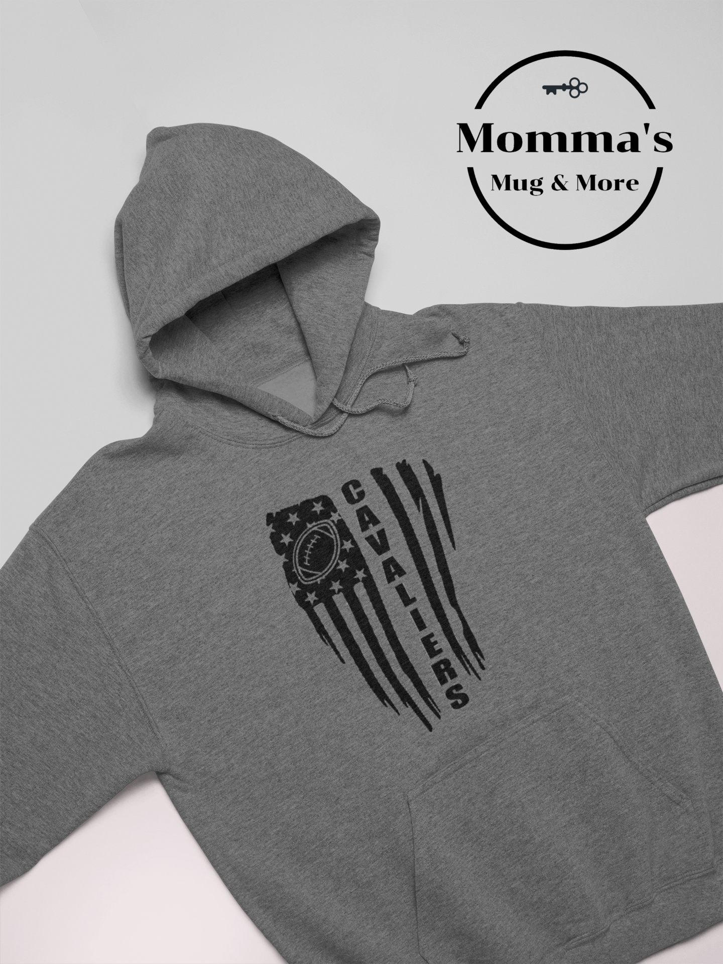 CORUNNA CAVALIERS FOOTBALL AND FLAGS GRAPHITE HEATHER HOODIE.png