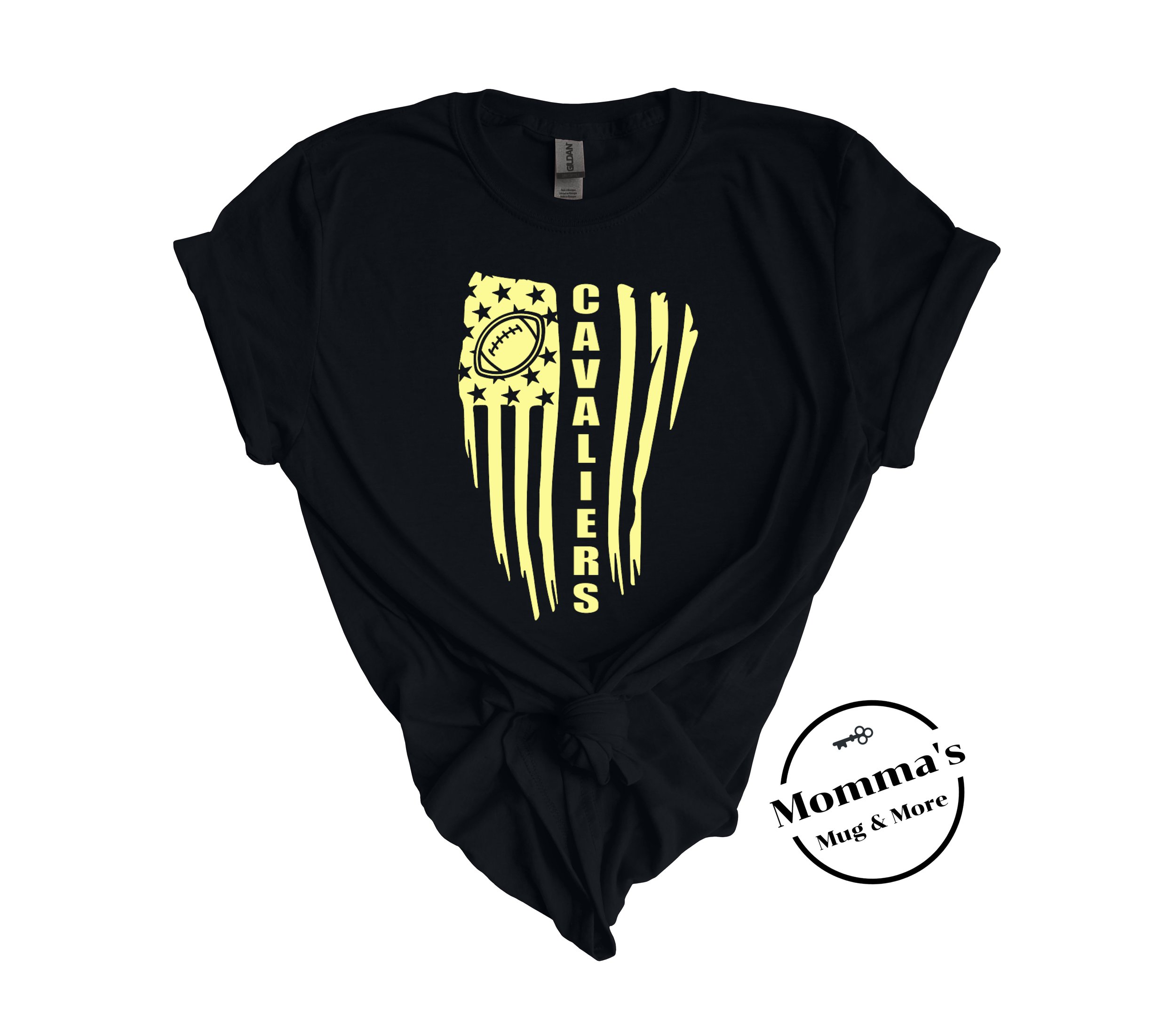 CORUNNA CAVALIERS FLAGS AND FOOTBALL GOLD BLACK TEE.jpeg