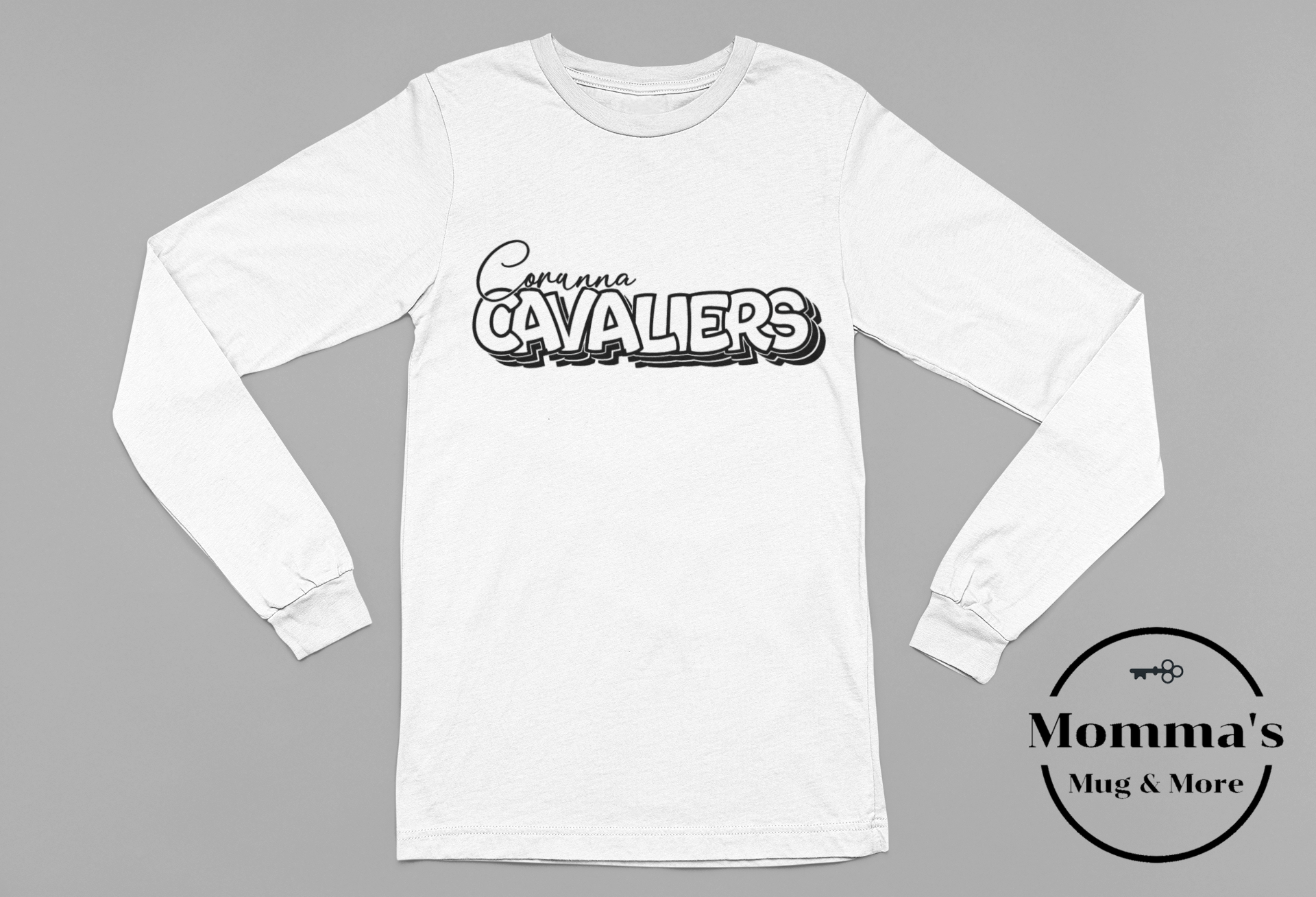 CORUNNA CAVALIERS ON REPEAT WHITE SLEEVED TEE.png