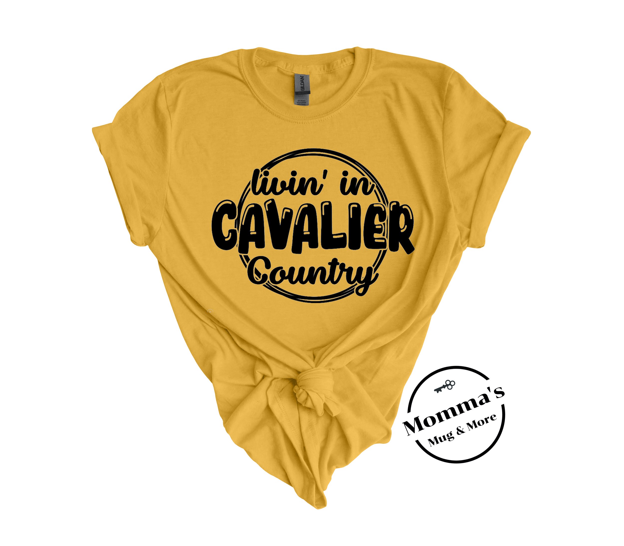 LIVIN IN CAVALIER COUNTRY BLACK ON HEATHER MUSTARD TEE.jpeg