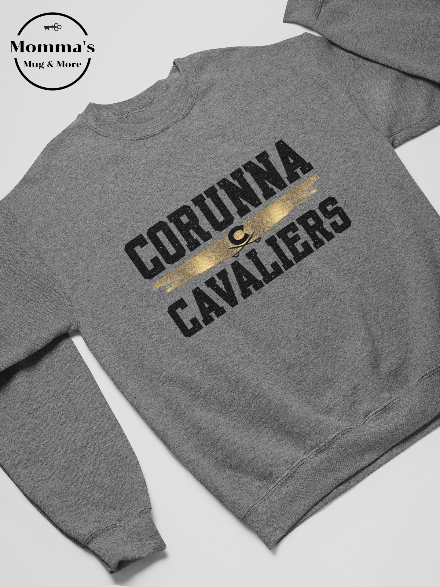 CORUNNA CAVALIERS GOLD SPLATTER GRAPHITE HEATHER CREW SWEATSHIRT.png