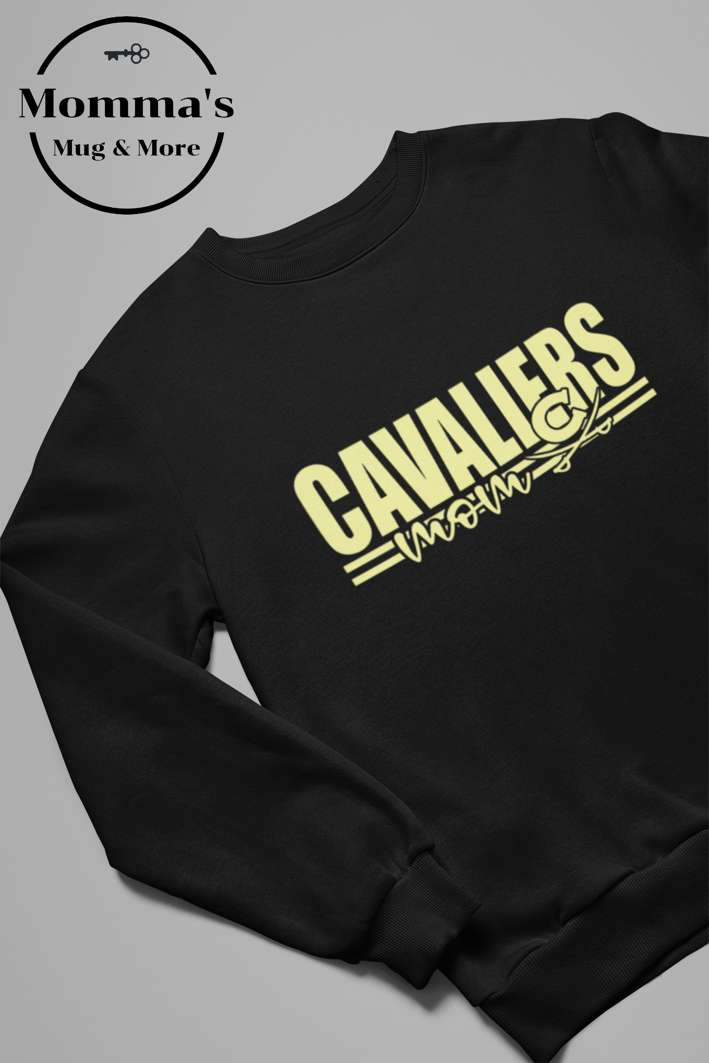 CORUNNA CAVALIERS MOM STRIPED GOLD ON BLACK SWEATSHIRT.png