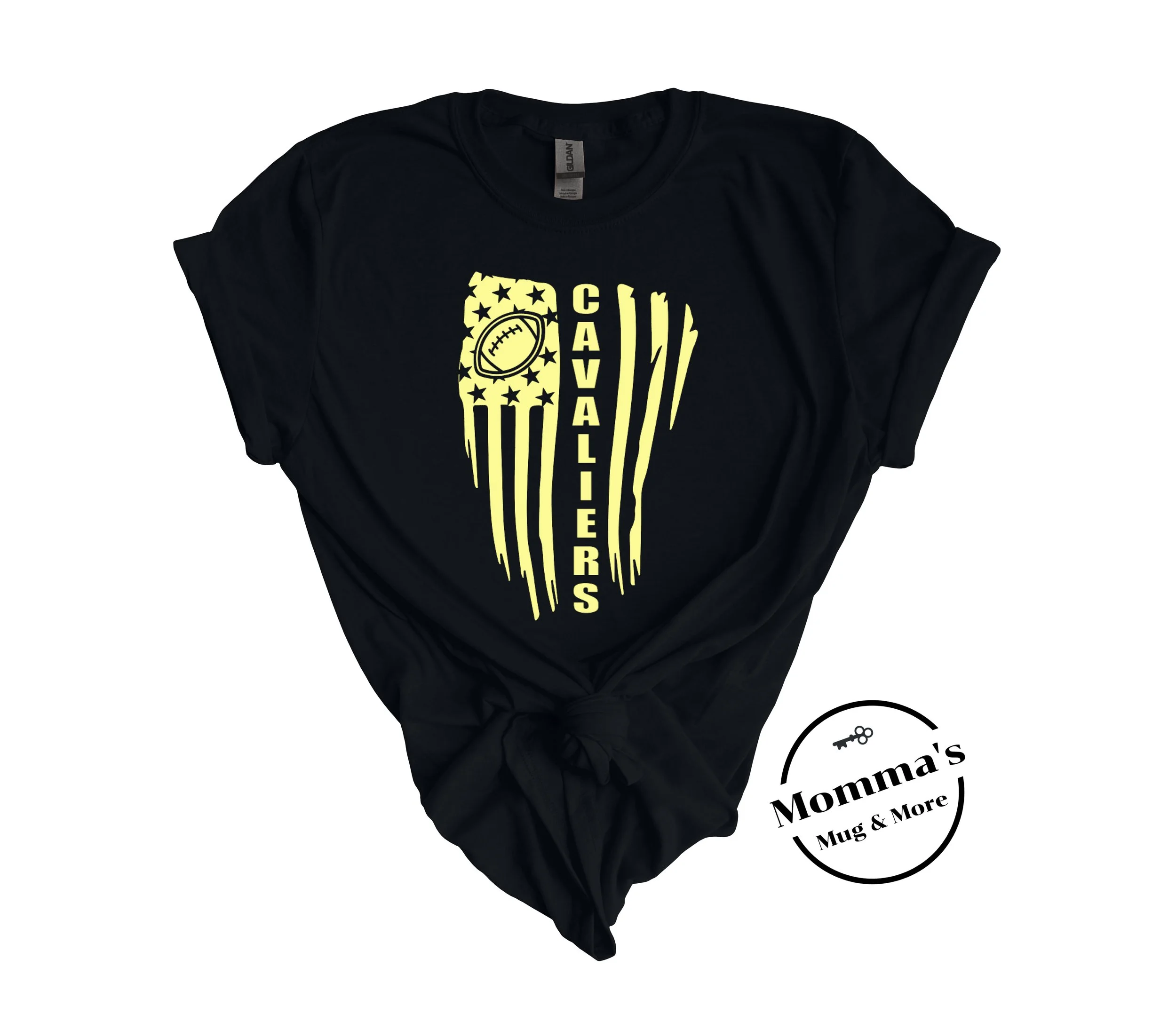 CORUNNA CAVALIERS FLAGS AND FOOTBALL GOLD BLACK TEE.jpeg