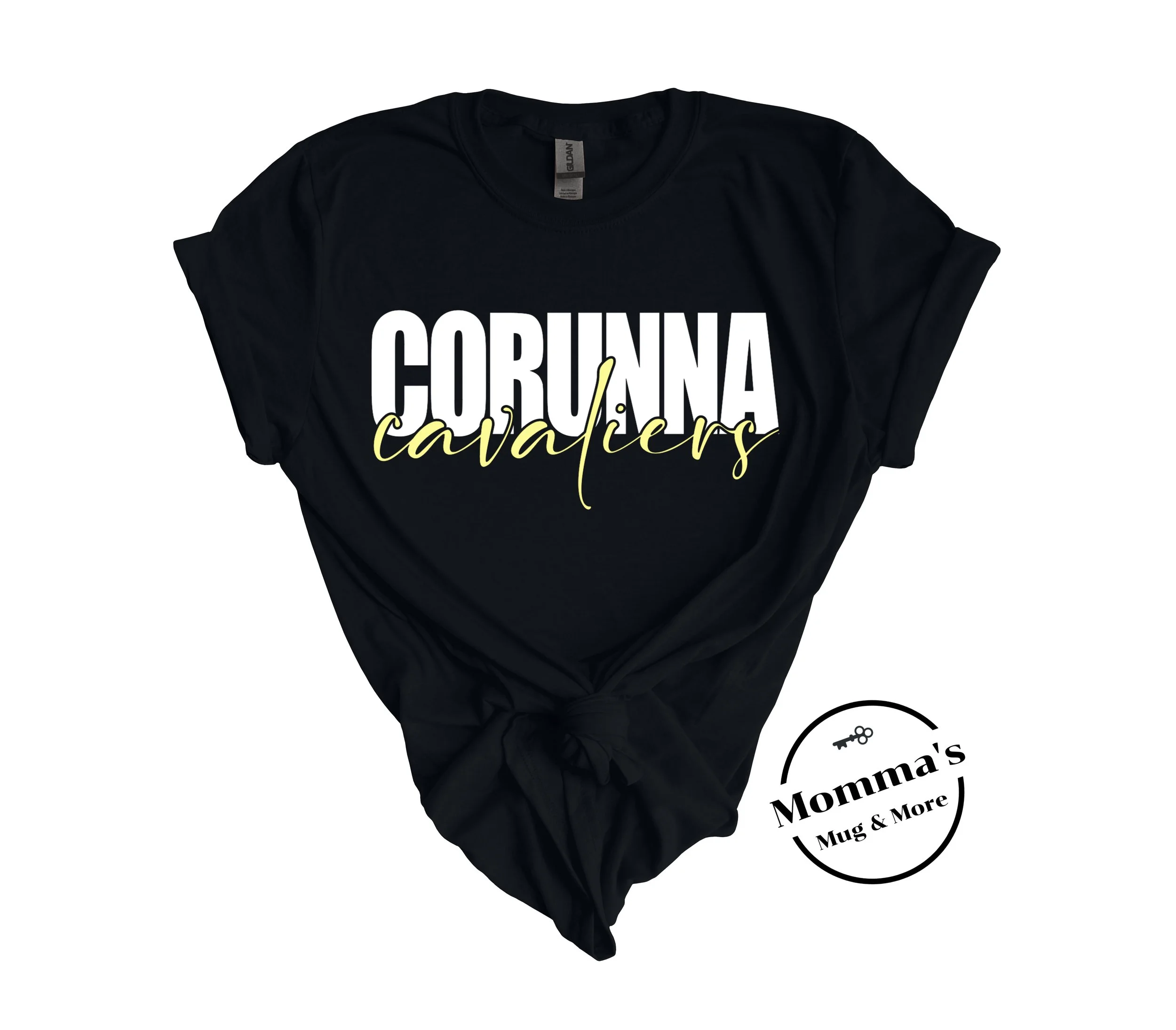 CORUNNA CAVALIERS MUTLI SCRIPT WHITE BLACK TEE.jpeg