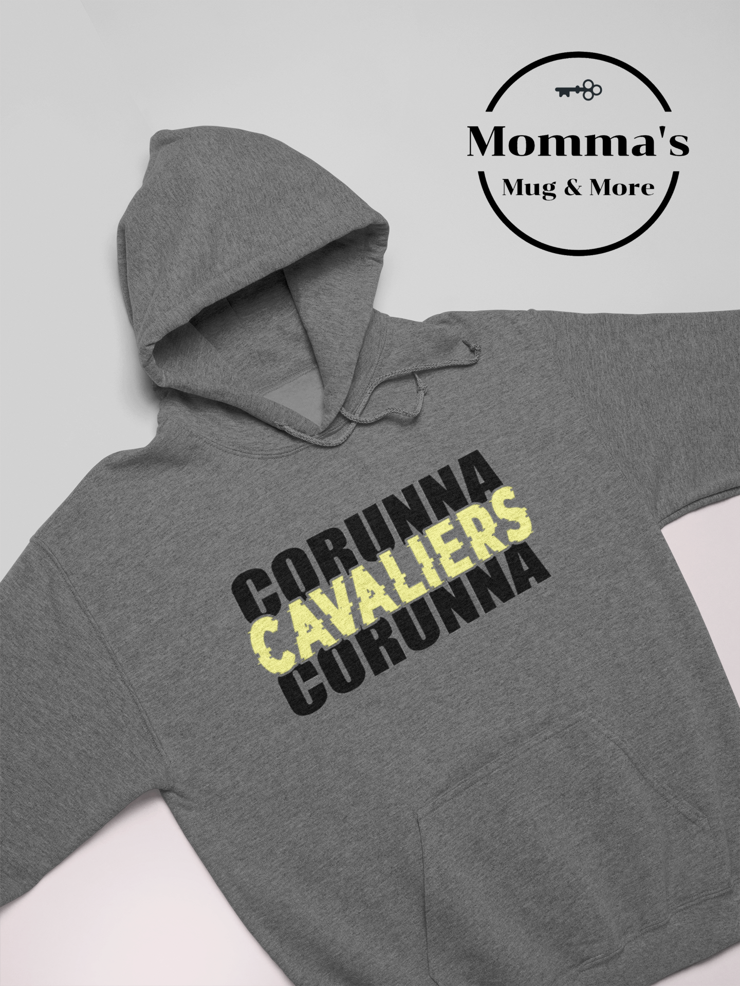CORUNNA CAVALIERS GLITCH BLACK:GOLD GRAPHITE HEATHER HOODIE.png.png