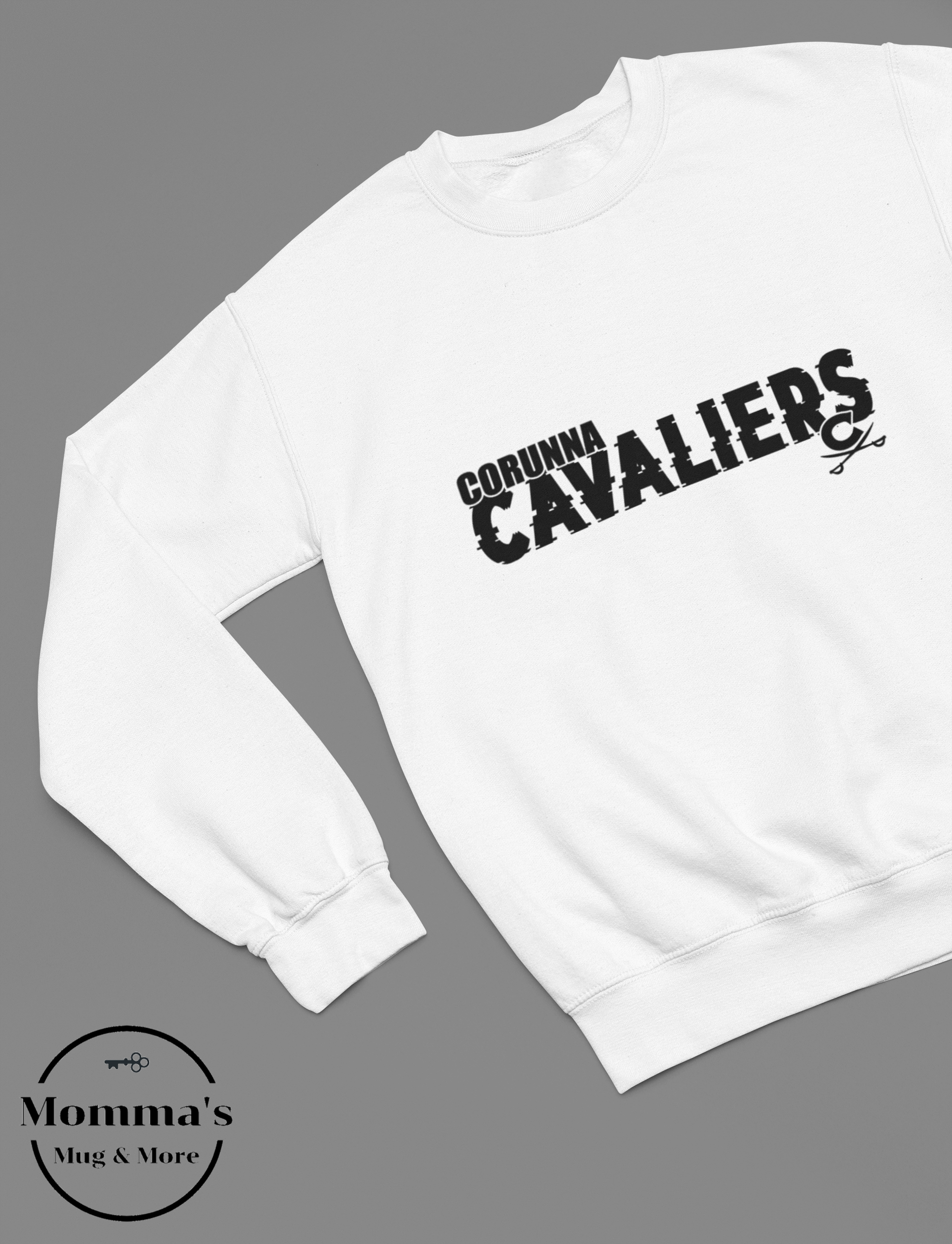 CORUNNA CAVALIERS GLITCH SMALL CROSS SWORD WHITE CREW SWEATSHIRT.png