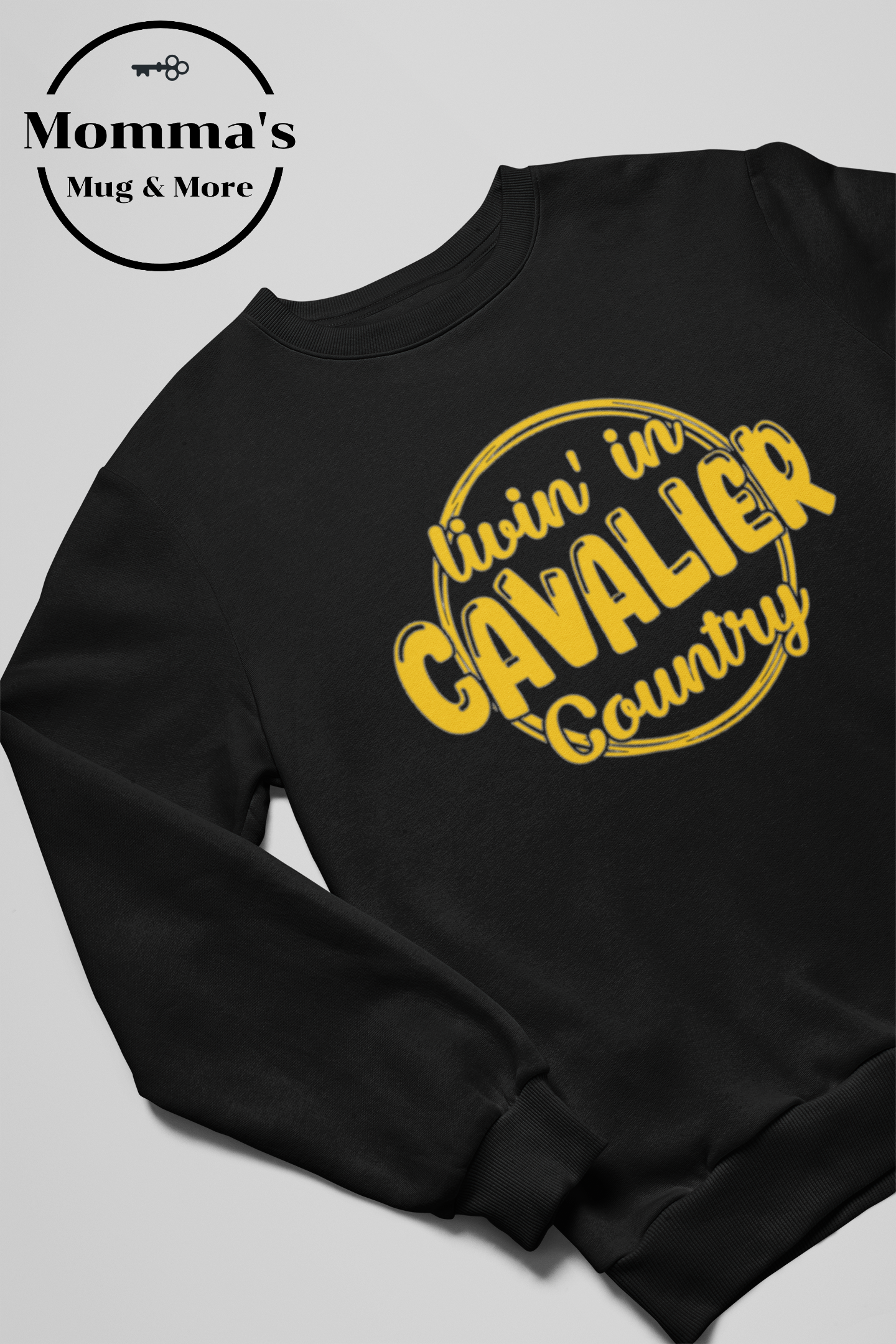 LIVIN IN CAVALIER COUNTRY BLACK AND YELLOW CREW SWEATSHIRT.png