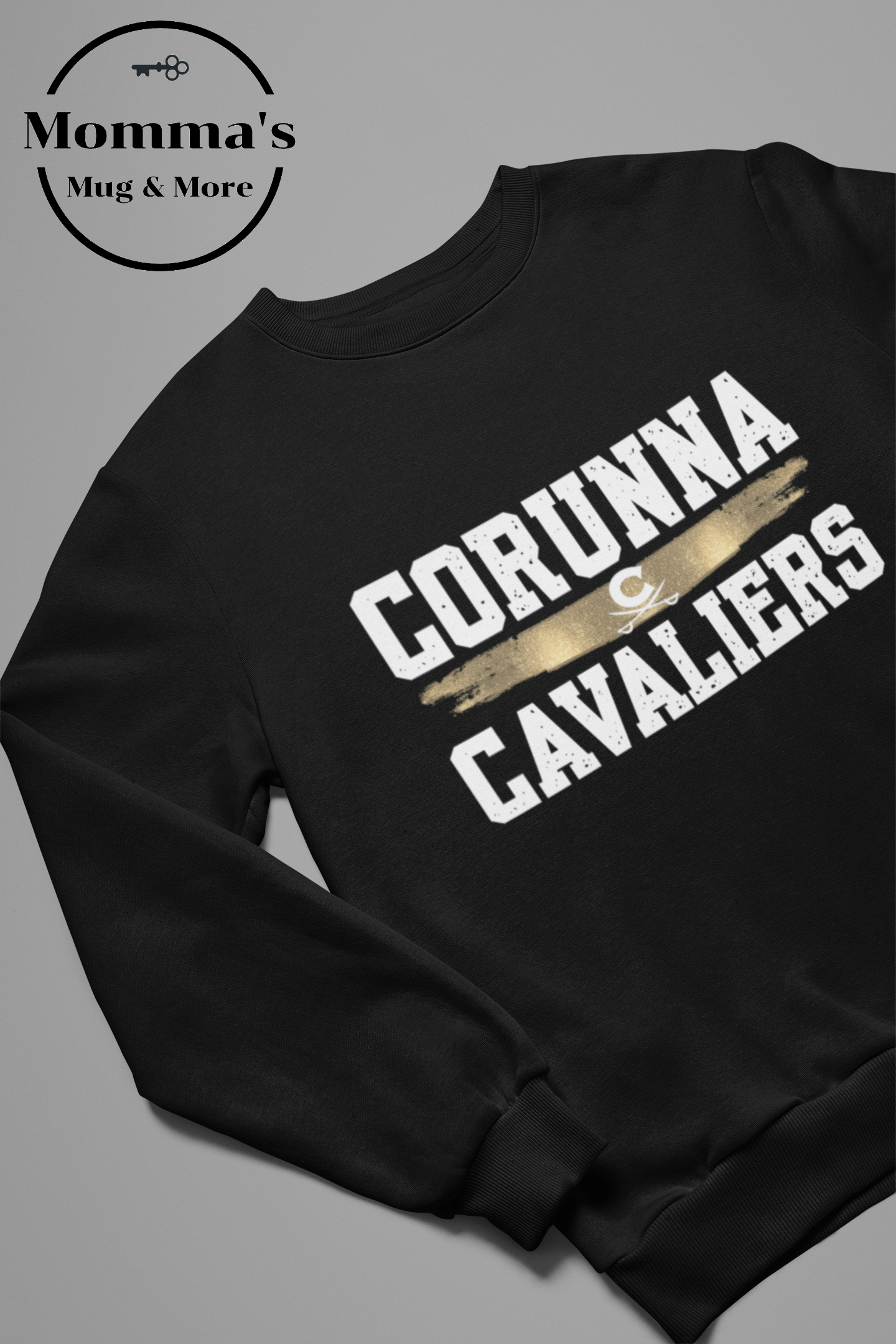 CORUNNA CAVALIERS GOLD SPLATTER BLACK CREW SWEATSHIRT.png