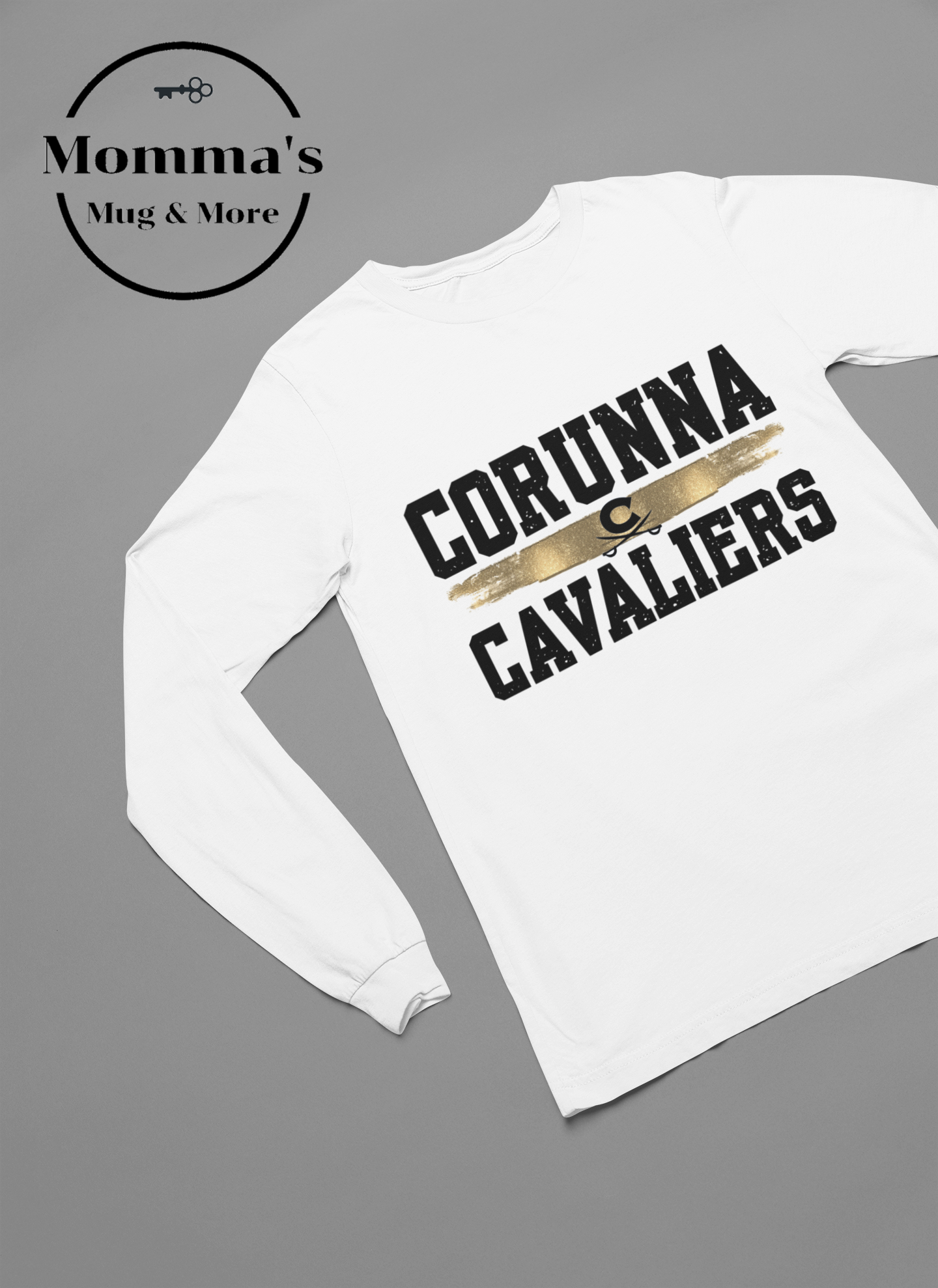 CORUNNA CAVALIERS GOLD SPLATTER WHITE SLEEVED TEE.png