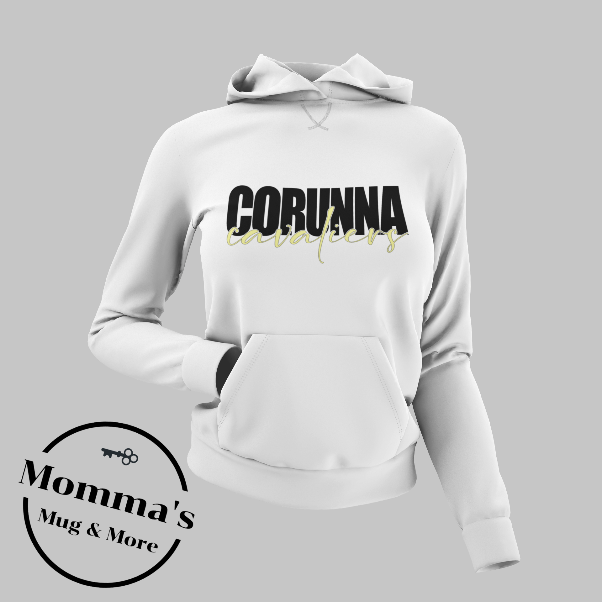 CORUNNA CAVALIERS SCRIPT WHITE BLACK W: GOLD HOODIE.png