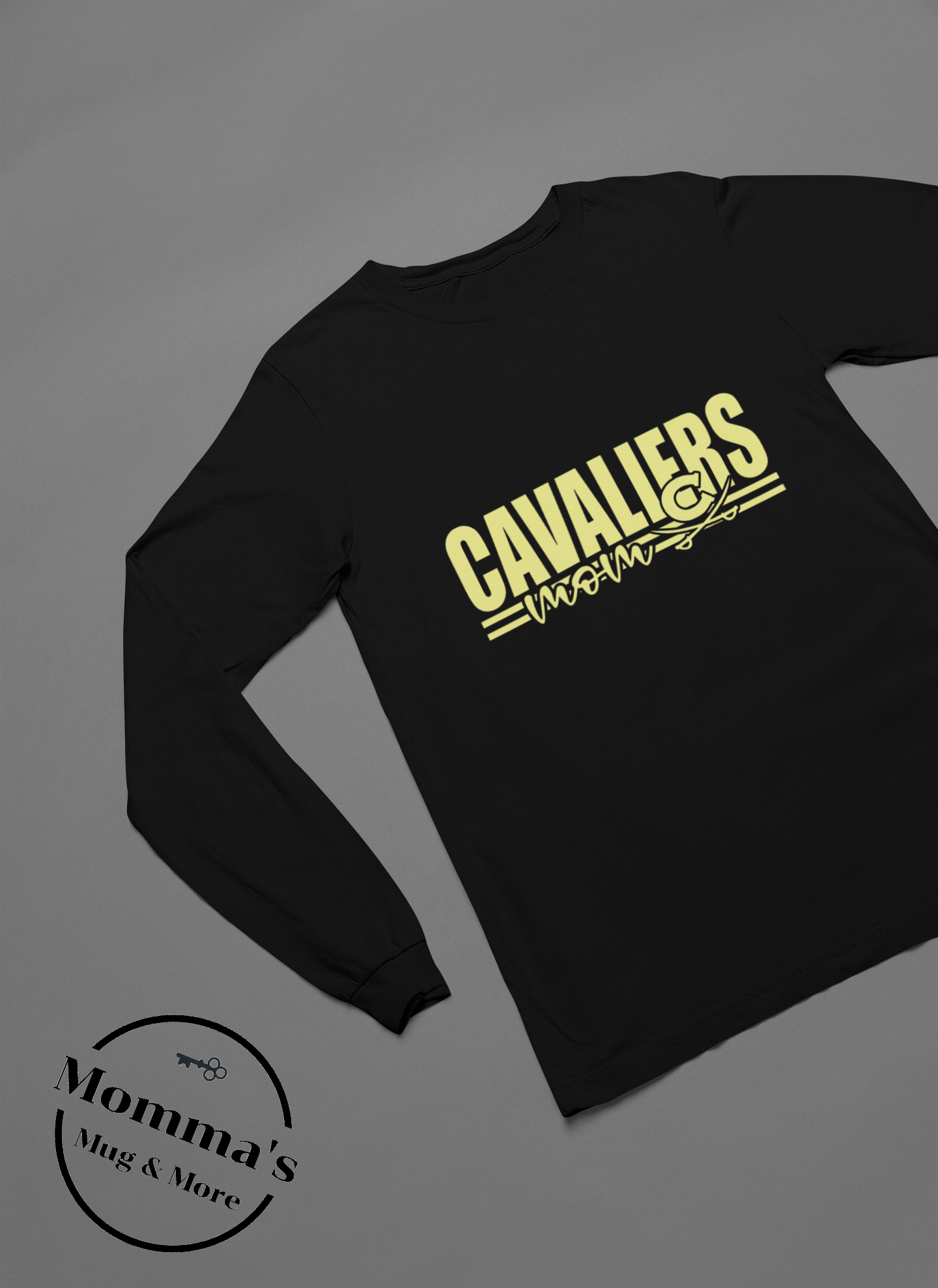 CORUNNA CAVALIERS MOM STRIPED GOLD ON BLACK SLEEVED TEE.png