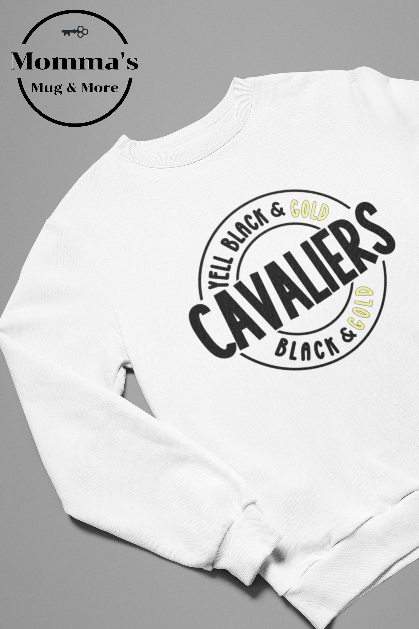 CORUNNA CAVALIERS YELL BLACK AND GOLD WHITE SWEATSHIRT.png