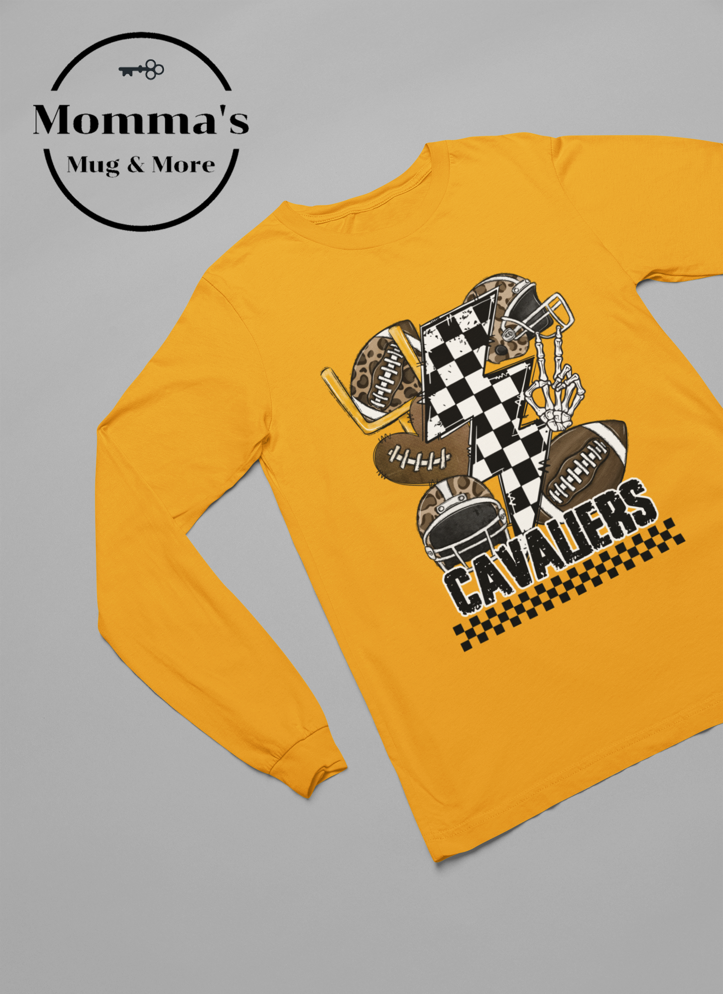 CAVALIERS FOOTBALL CHECKERED BOLTS GOLD SLEEVED TEE.png