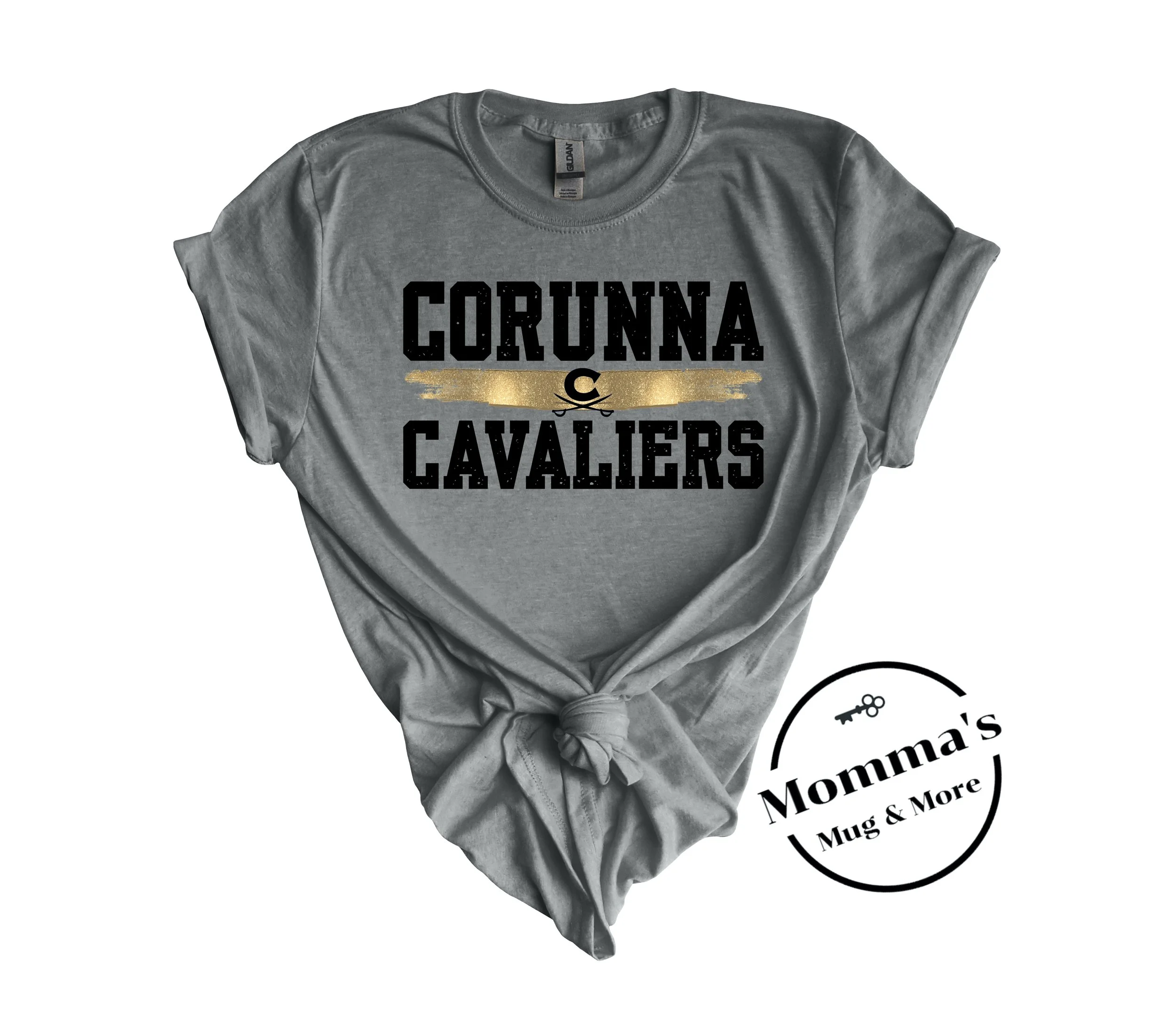 CORUNNA CAVALIERS GOLD SPLATTER GRAPHITE HEATHER TEE.jpeg
