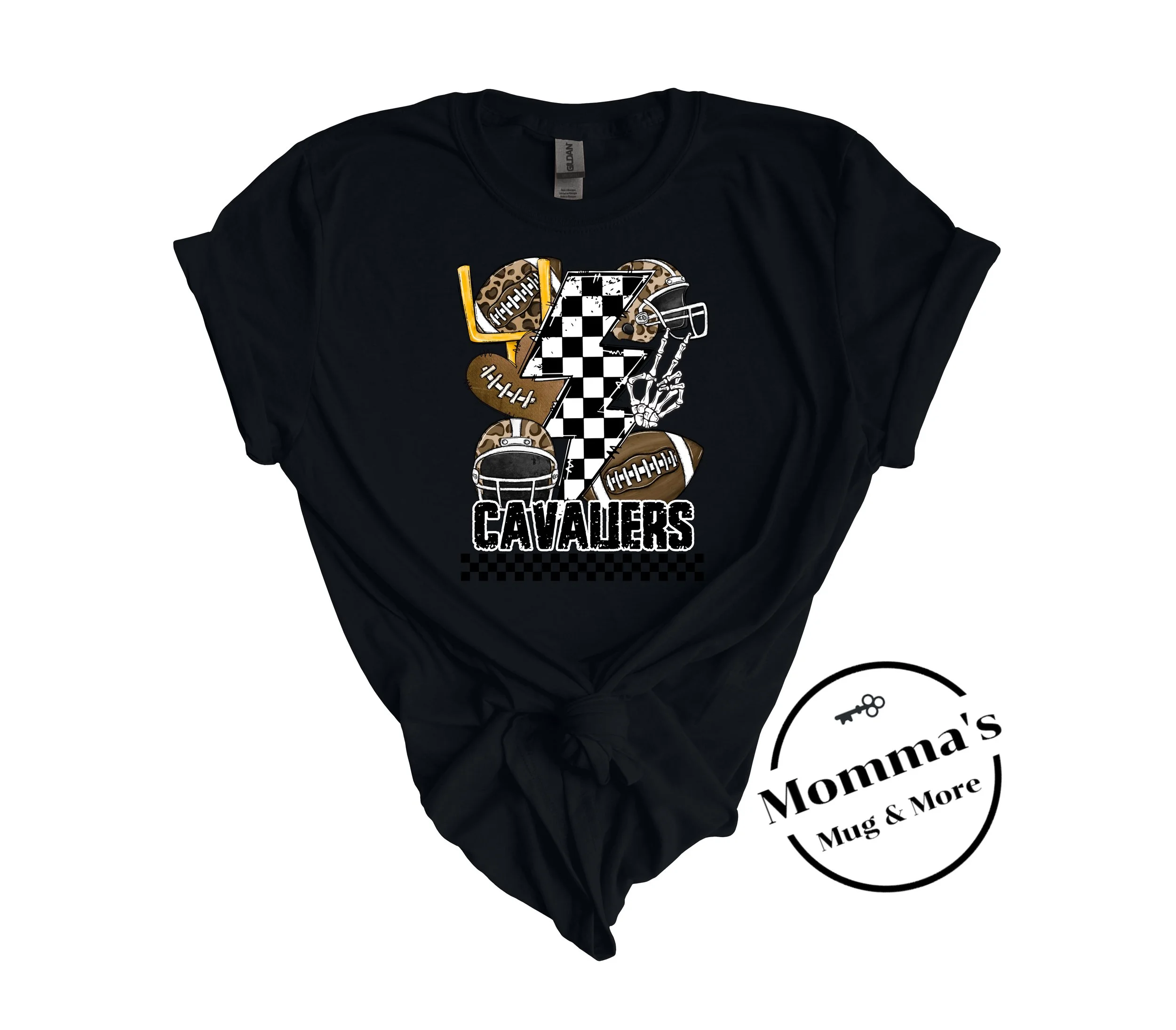 CAVALIERS FOOTBALL CHECKERED BOLTS BLACK TEE.jpeg