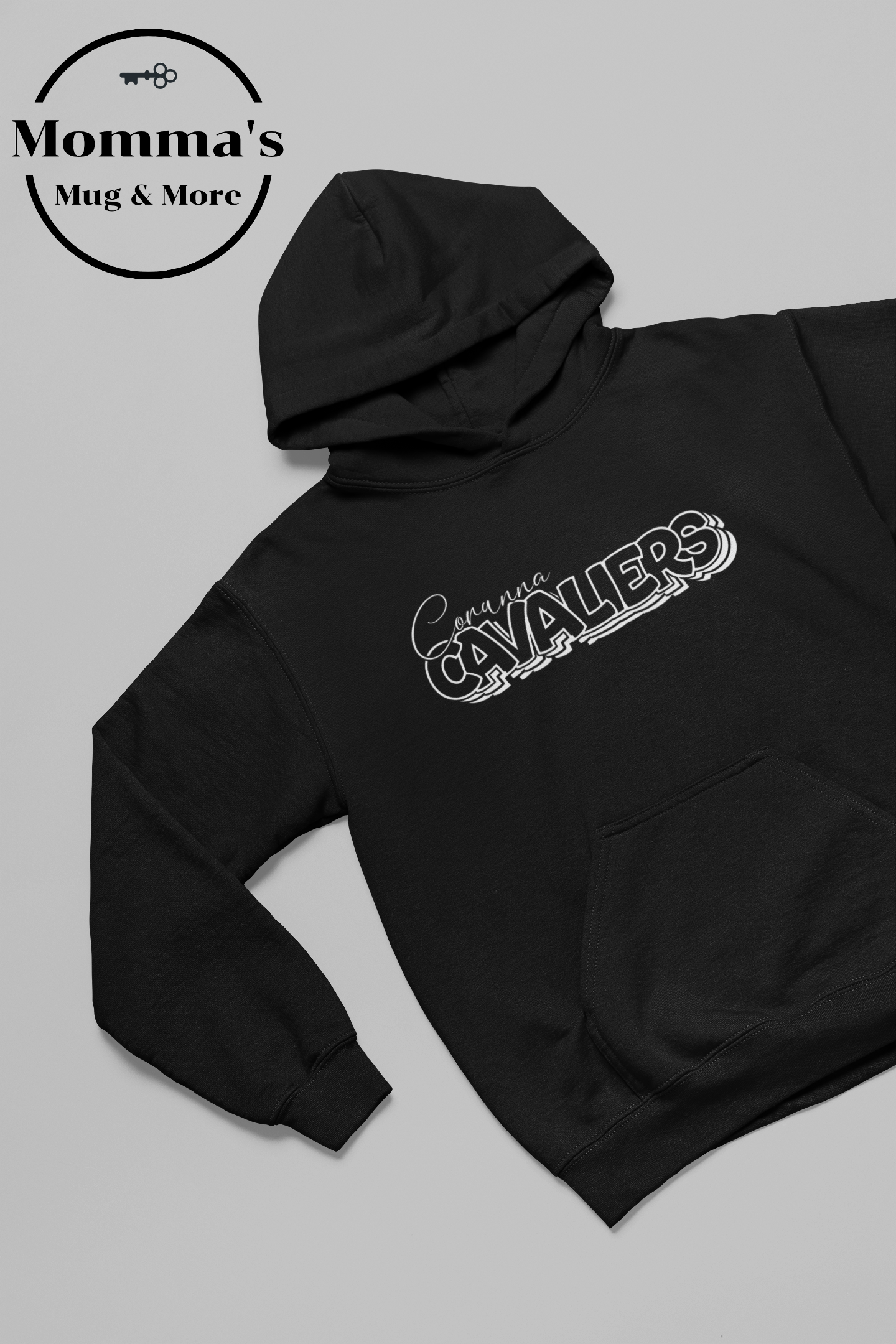 CORUNNA CAVALIERS ON REPEAT BLACK AND WHITE HOODIE.png