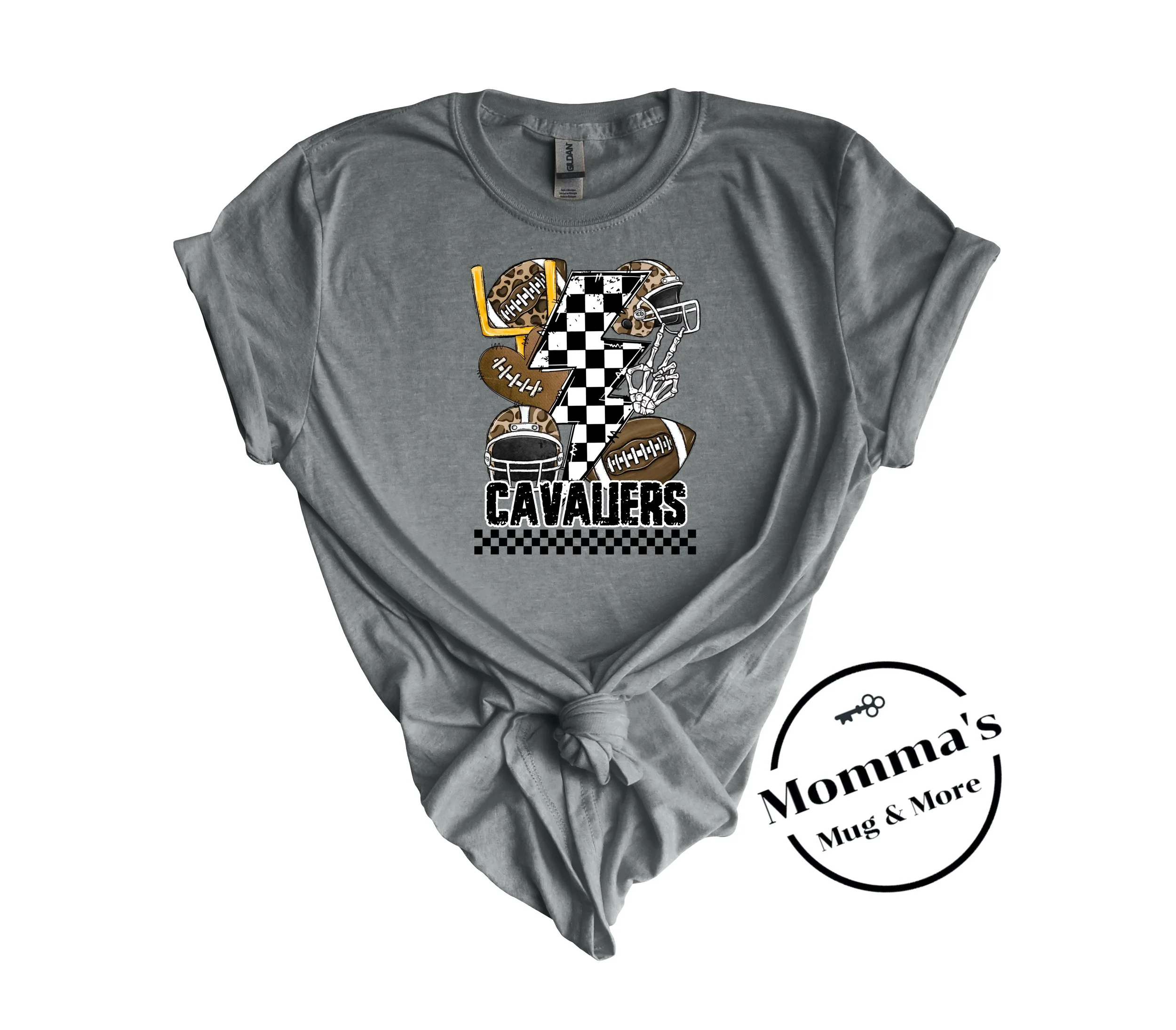CAVALIERS FOOTBALL CHECKERED BOLTS GRAPHITE HEATHER TEE.jpeg