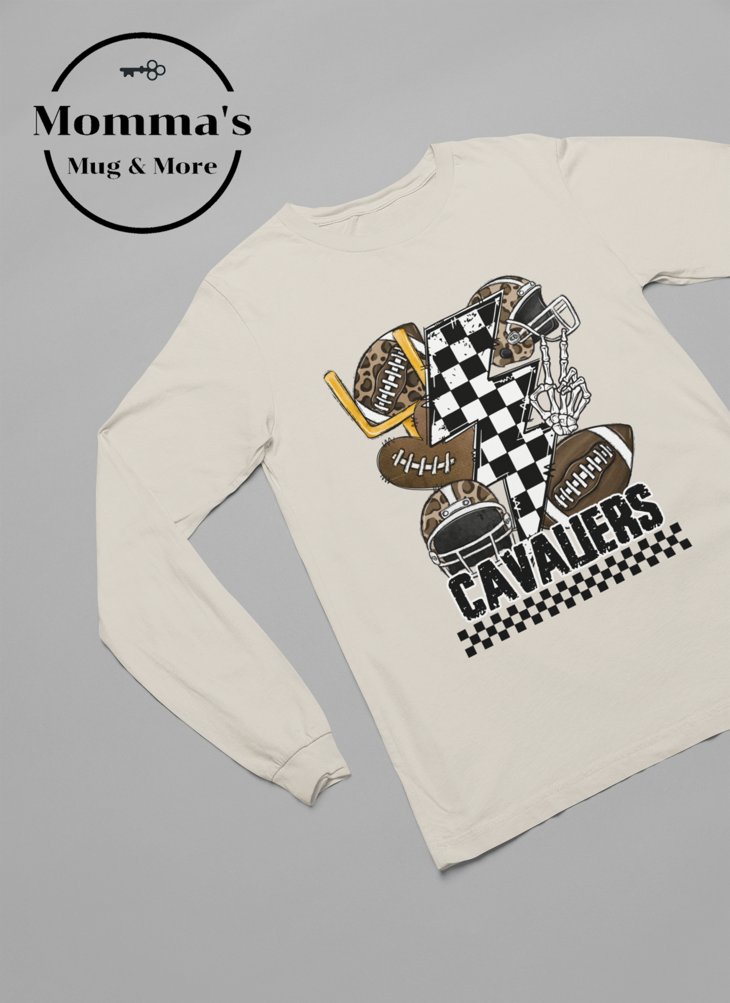 CAVALIERS FOOTBALL CHECKERED BOLTS NATURAL SLEEVED TEE.png
