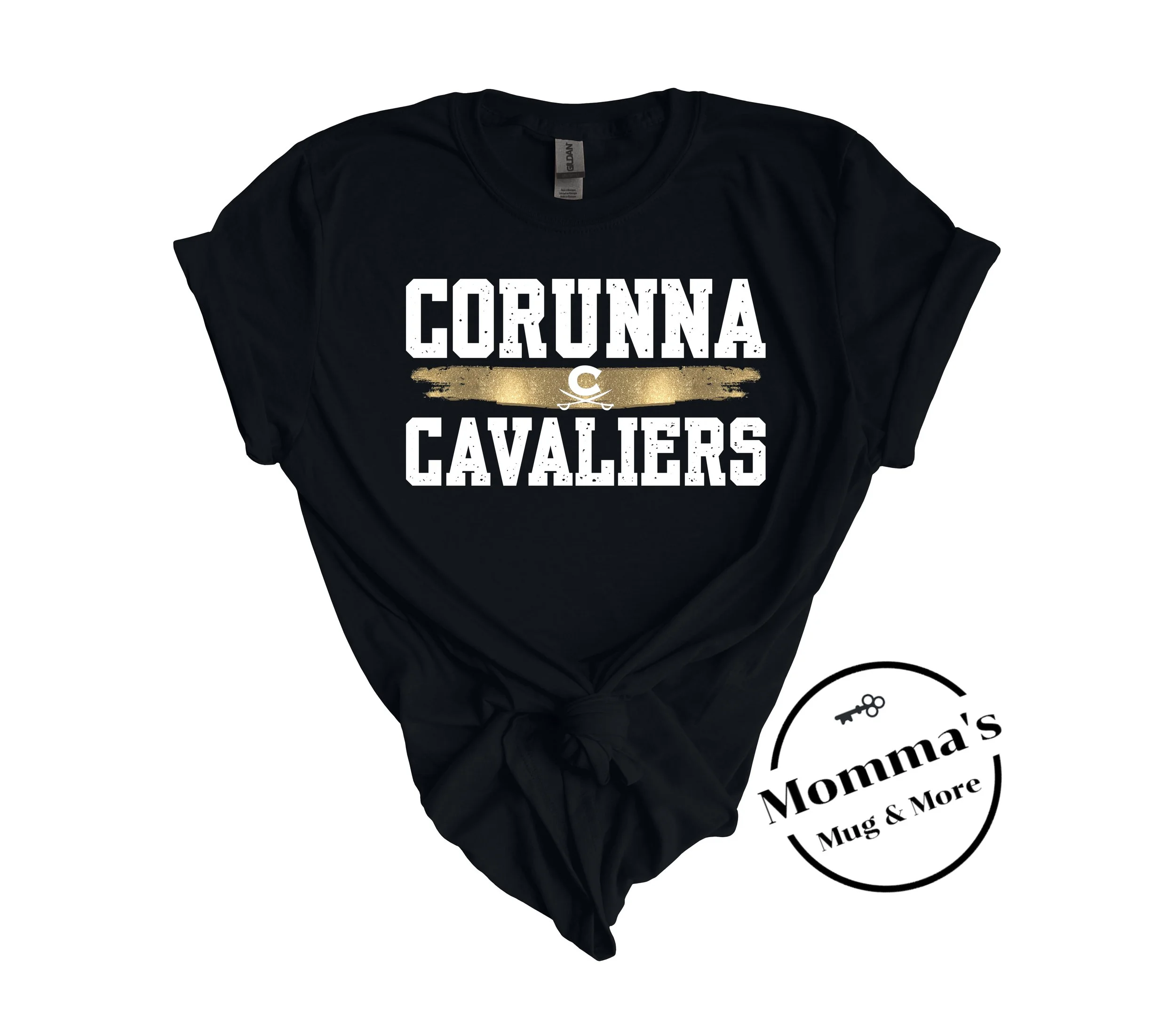 CORUNNA CAVALIERS GOLD SPLATTER BLACK TEE.jpeg