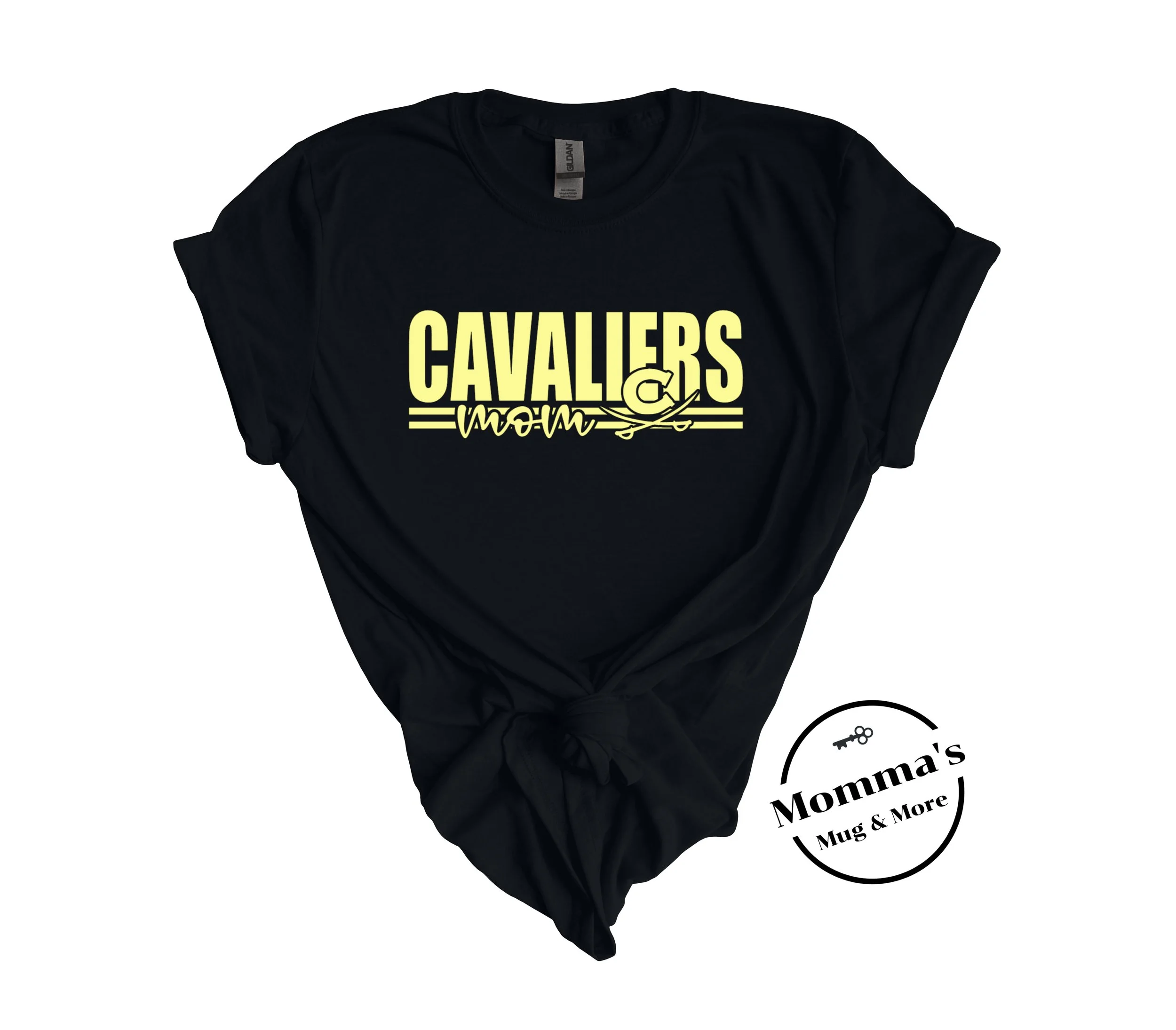 CORUNNA CAVALIERS MOM STRIPED GOLD ON BLACK TEE.jpeg