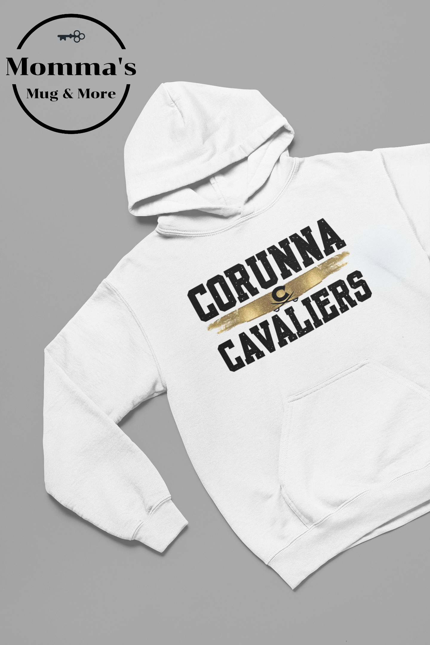 CORUNNA CAVALIERS GOLD SPLATTER WHITE HOODIE.png