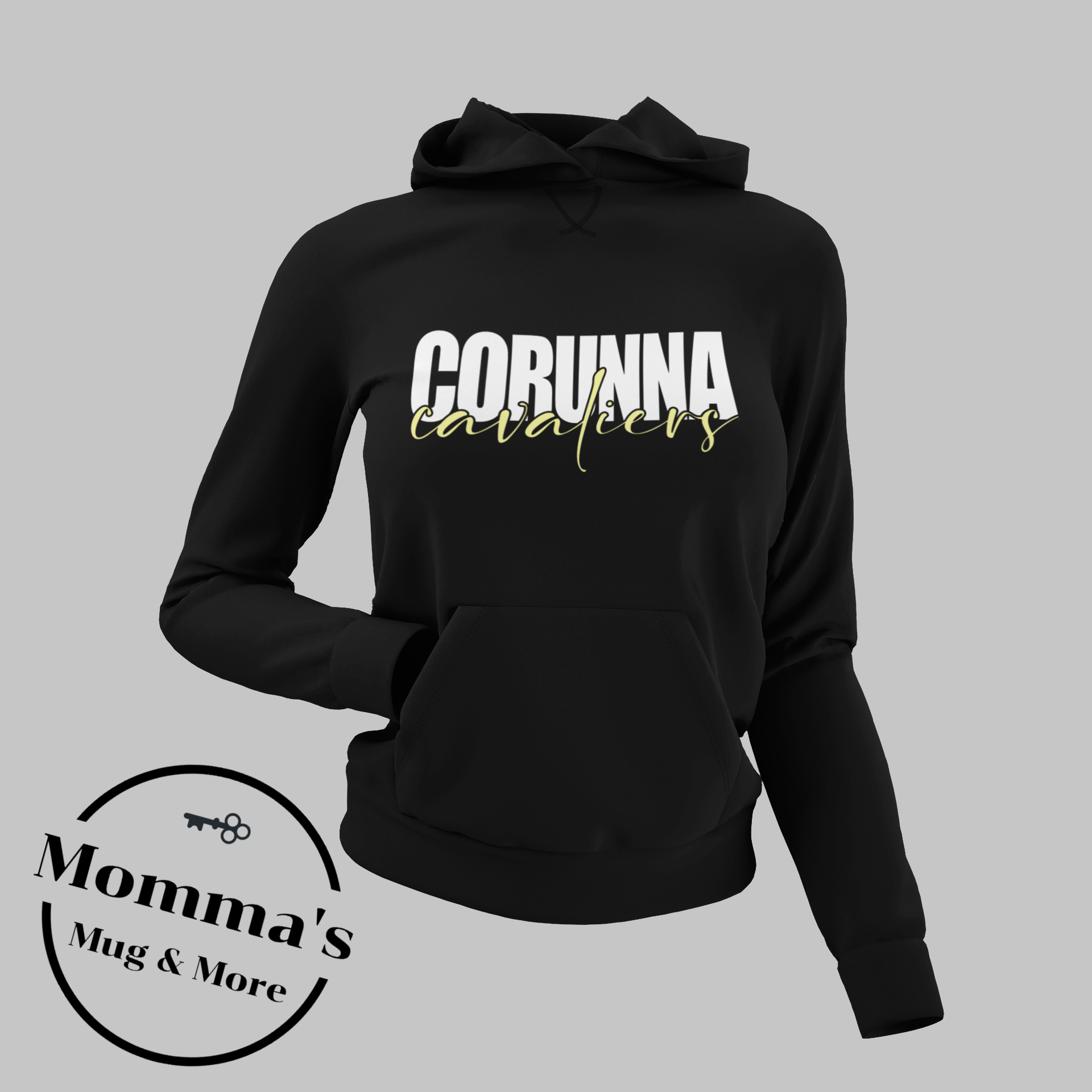 CORUNNA CAVALIERS SCRIPT BLACK WHITE W: GOLD HOODIE.png