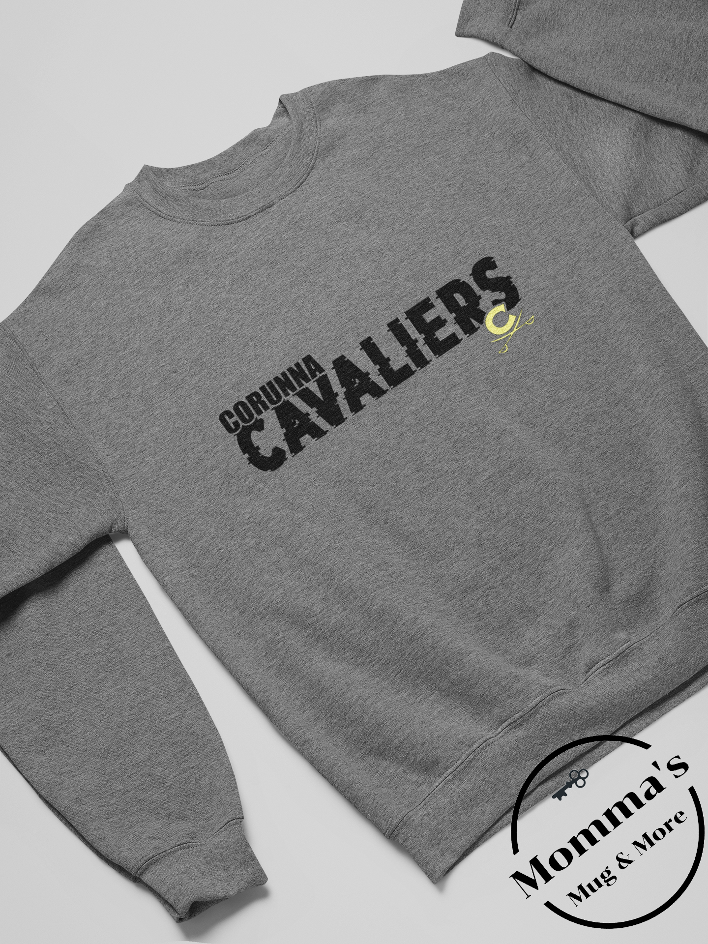 CORUNNA CAVALIERS GLITCH SMALL GOLD CROSS SWORD GRAPHITE HEATHER CREW SWEATSHIRT.png