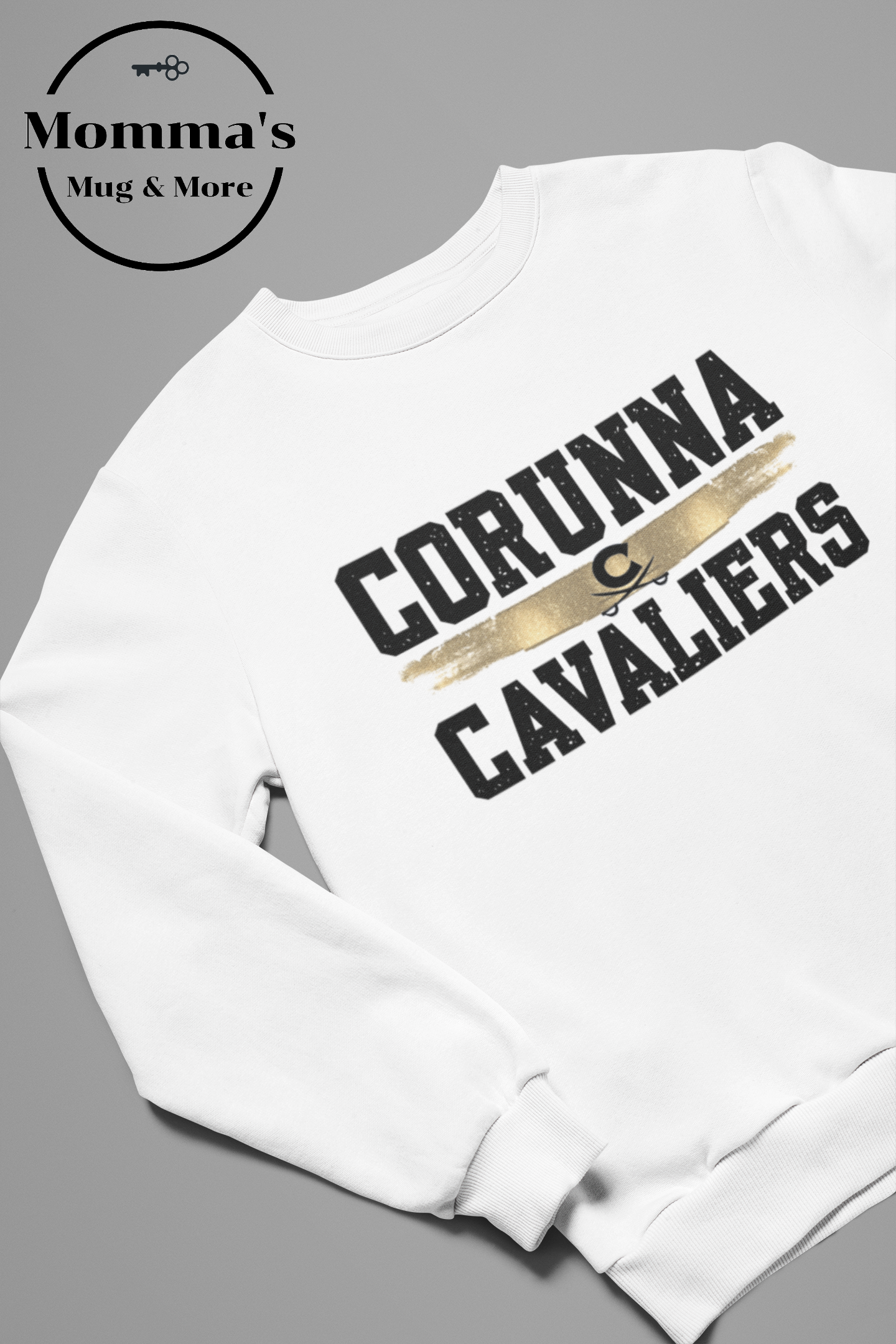 CORUNNA CAVALIERS GOLD SPLATTER WHITE CREW SWEATSHIRT.png