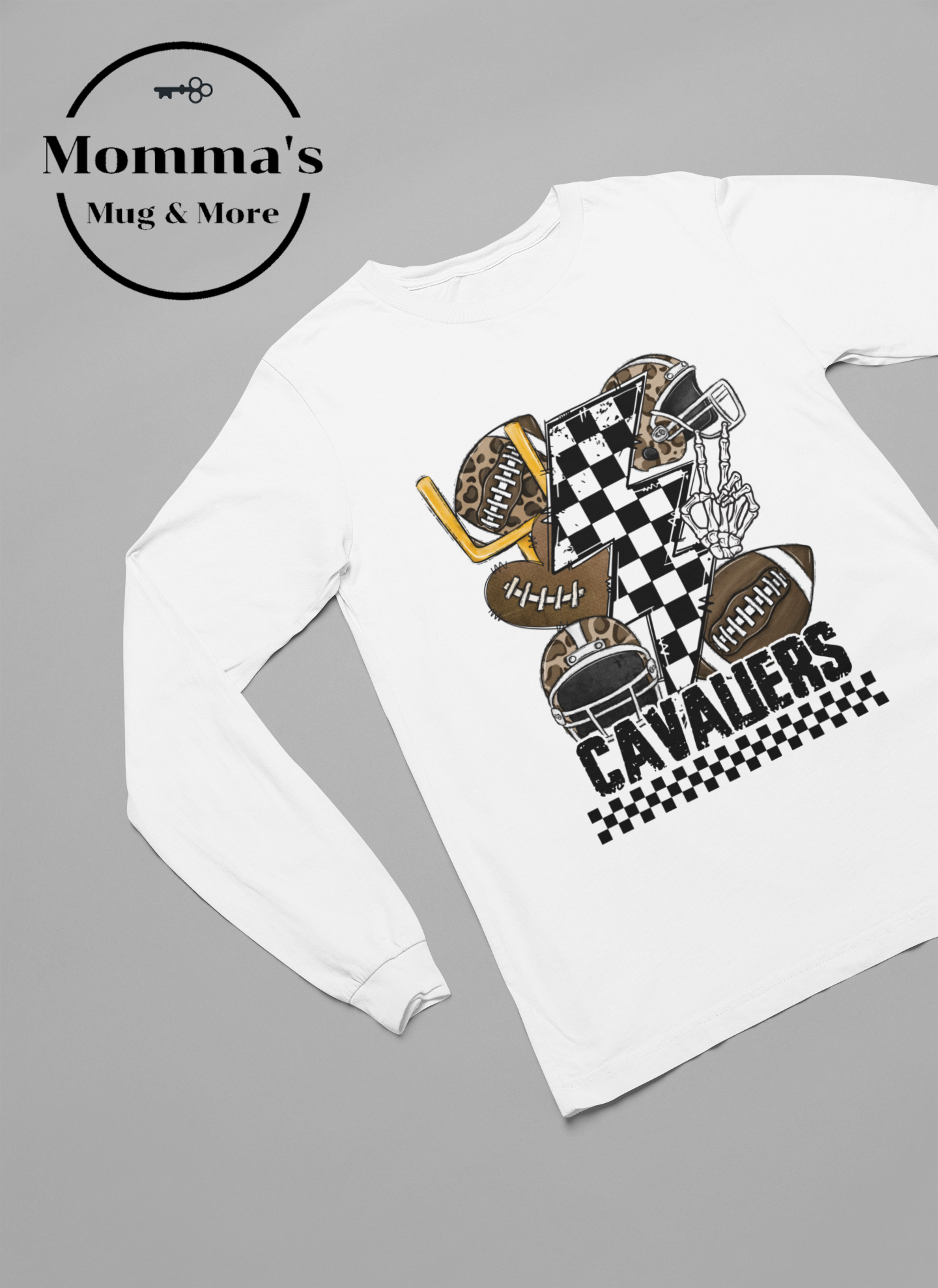 CAVALIERS FOOTBALL CHECKERED BOLTS WHITE SLEEVED TEE.png
