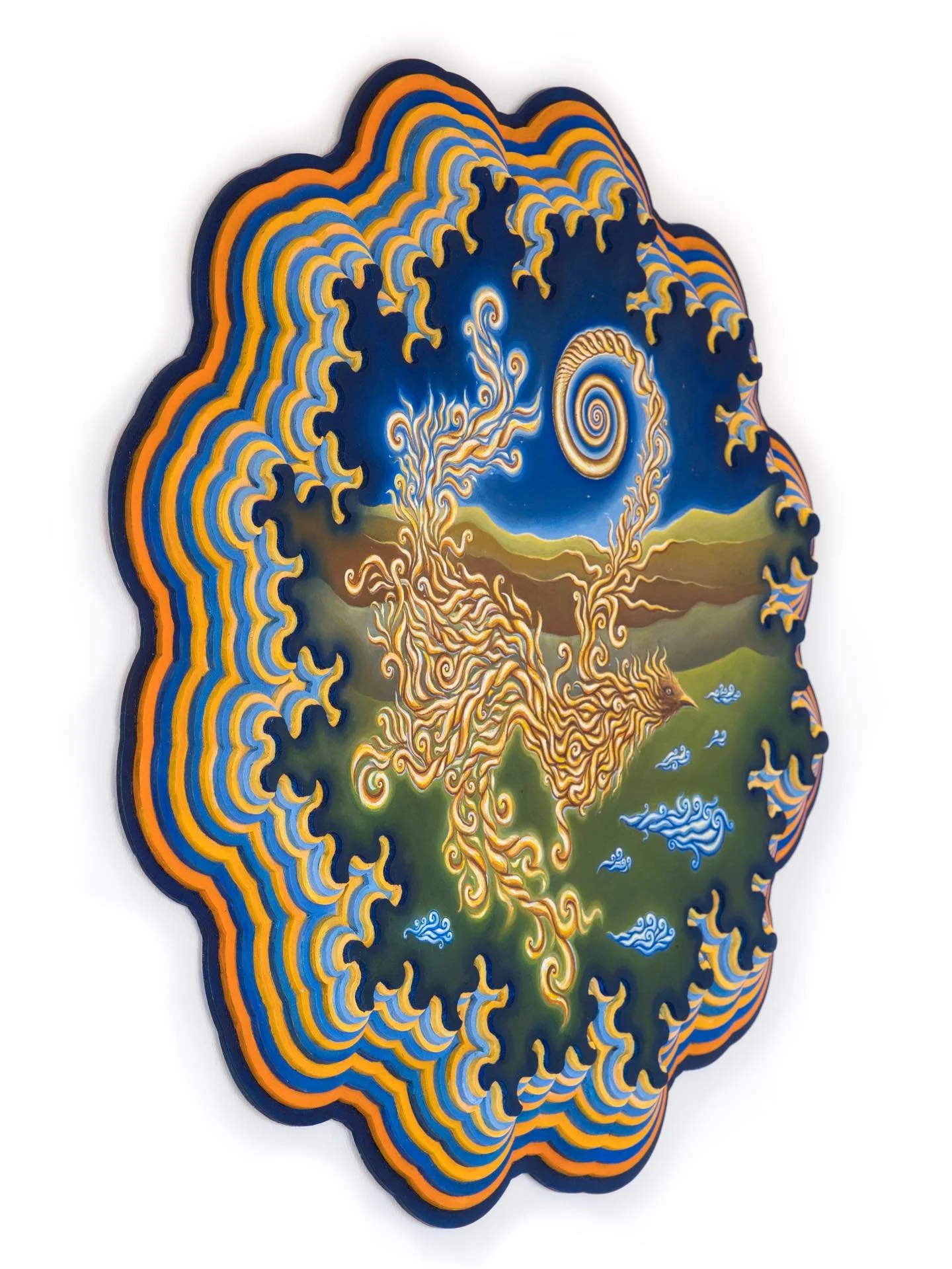 &rdquo;Rising From Ashes&rdquo; 
Oil on panel (2025)
Frame sculpture by Koosha Atashgard