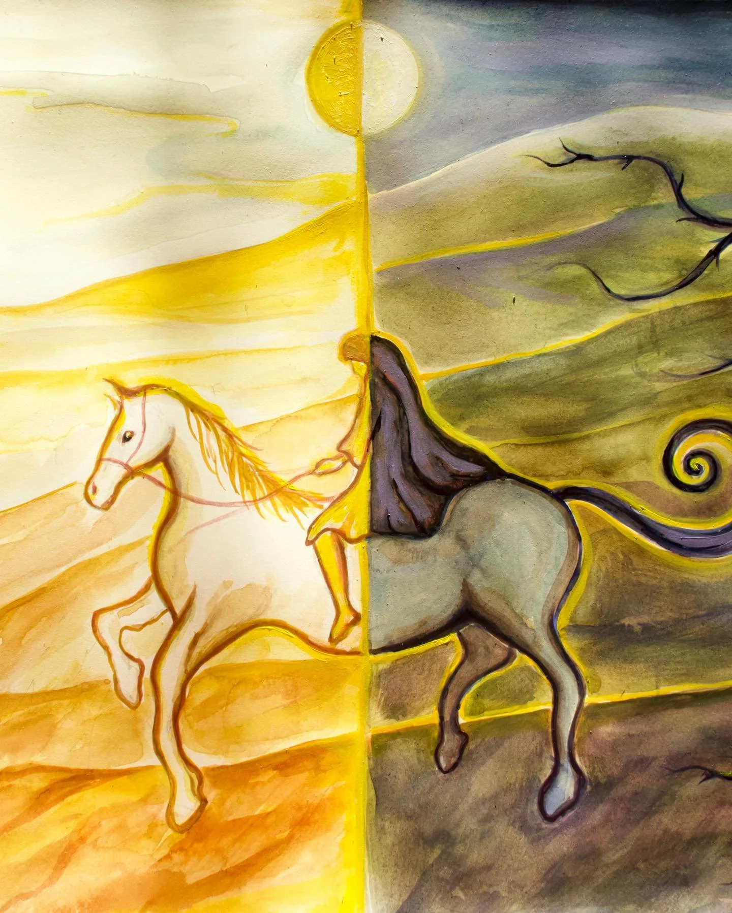 Merged two dream scenes I&rsquo;ve had not long ago into a painting and felt it was quite on time for Sagittarius season &amp; the year of the fire horse next year, how I adore these creatures!!! 🌞🐎✨

Aquarelle &amp; oil on paper (2025)