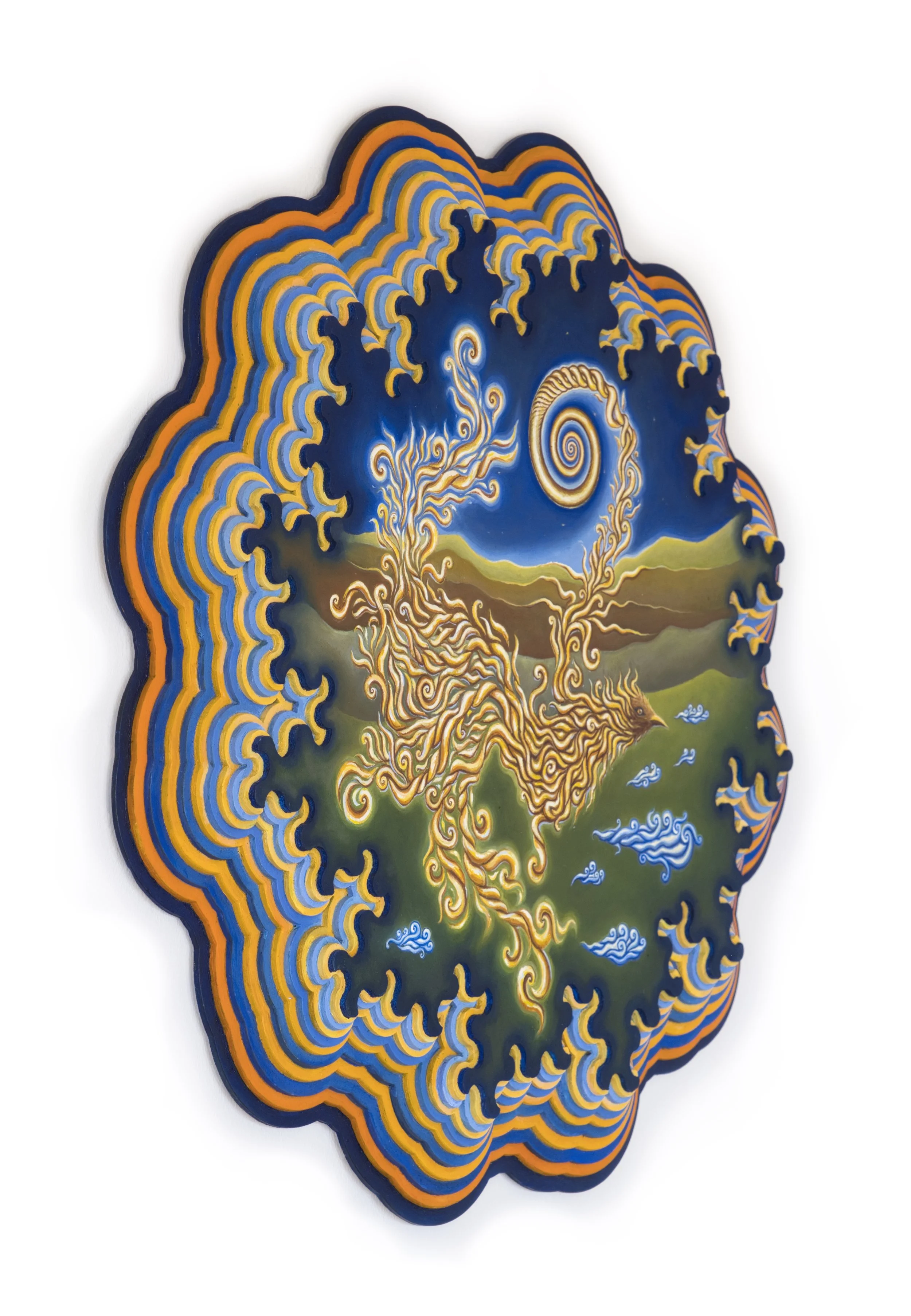"Rising From Ashes". Oil on panel (2025). Customized frame by Koosha Atashgard.