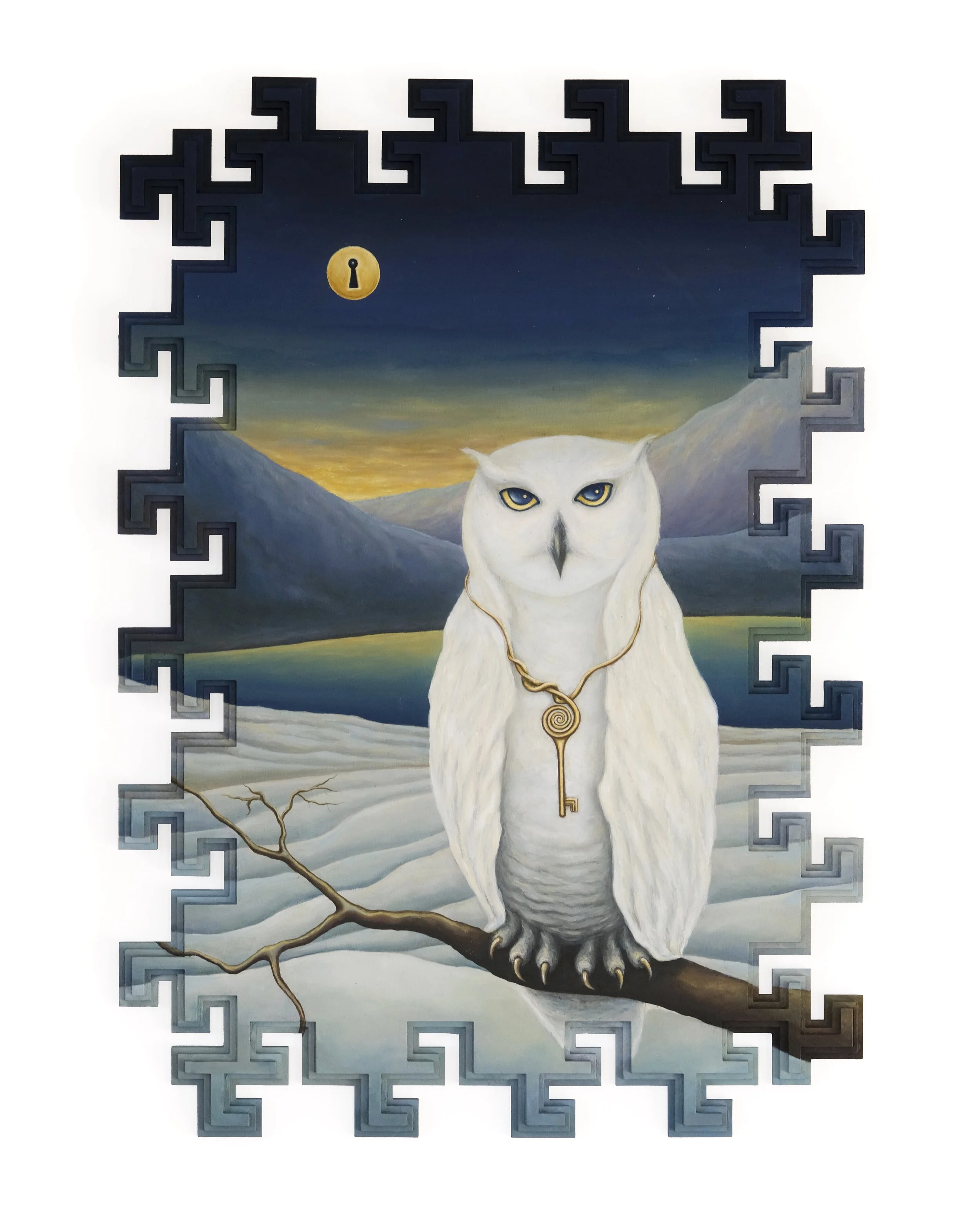 "The Gatekeeper". Oil on panel (2025). Customized frame by Koosha Atashgard.