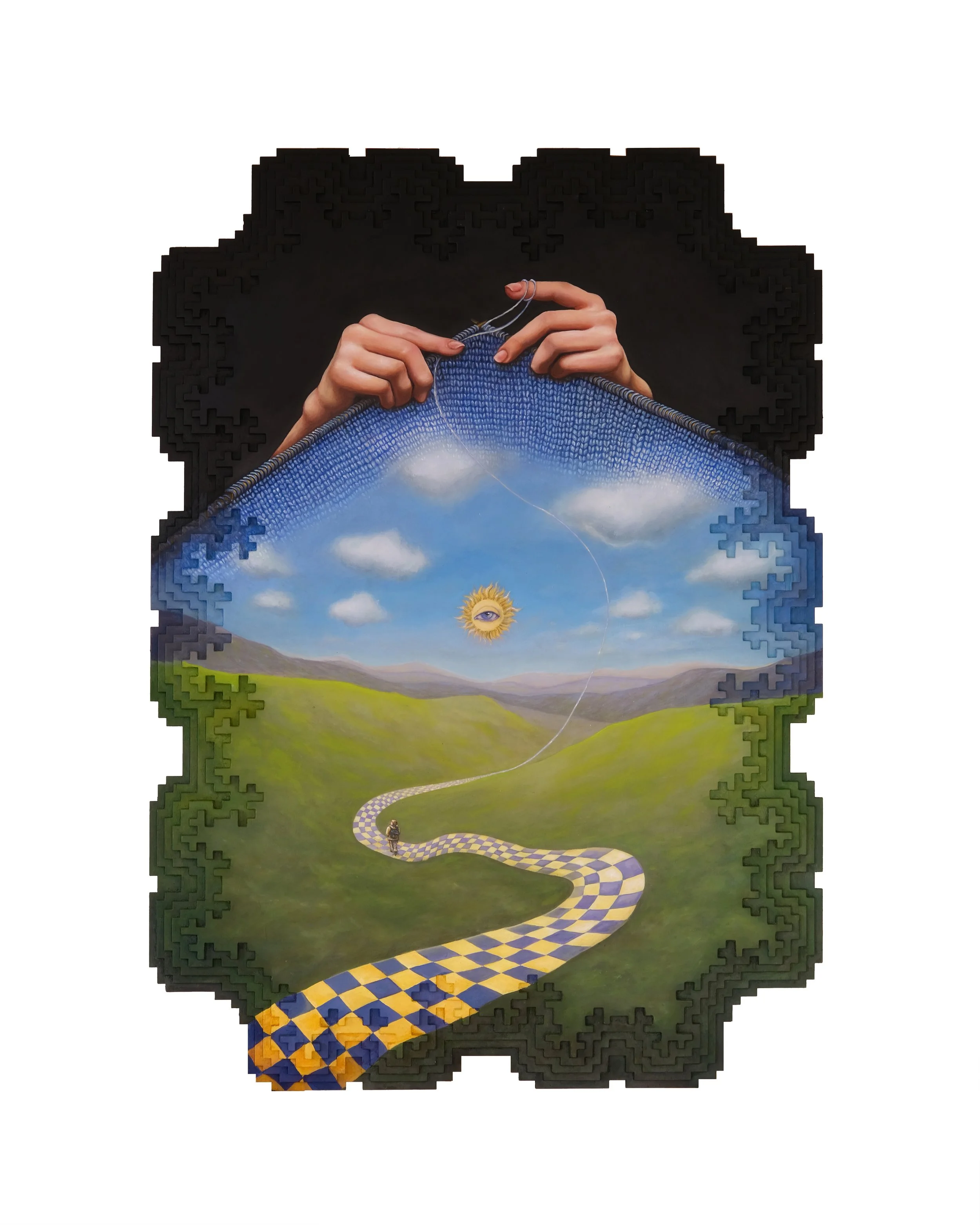 "Fabric Of Reality". Oil on panel (2024). Customized frame by Koosha Atashgard.