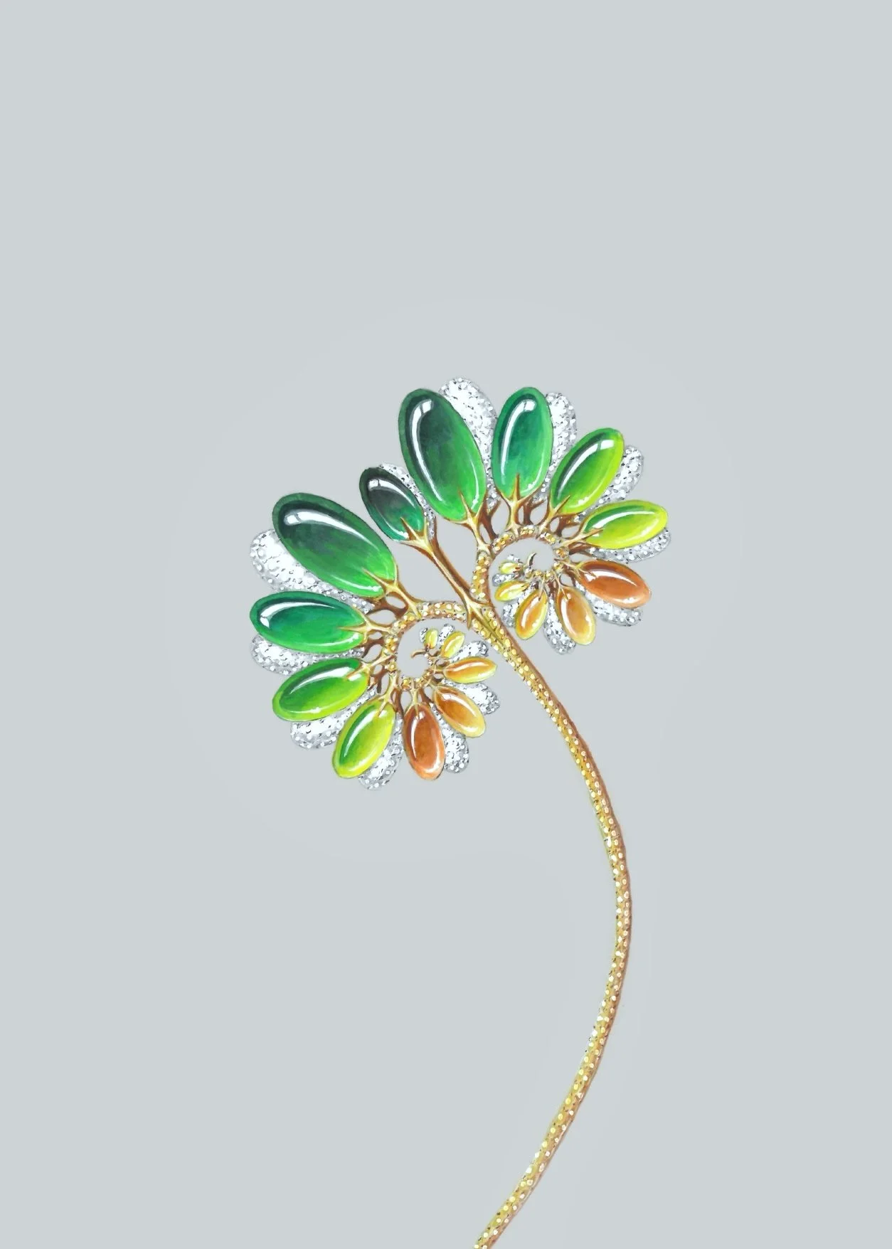 gouaché de bijoux réaliste qui représente une plante imaginaire, beaucoup de diamants, pierres vertes et jaunes en cabochon