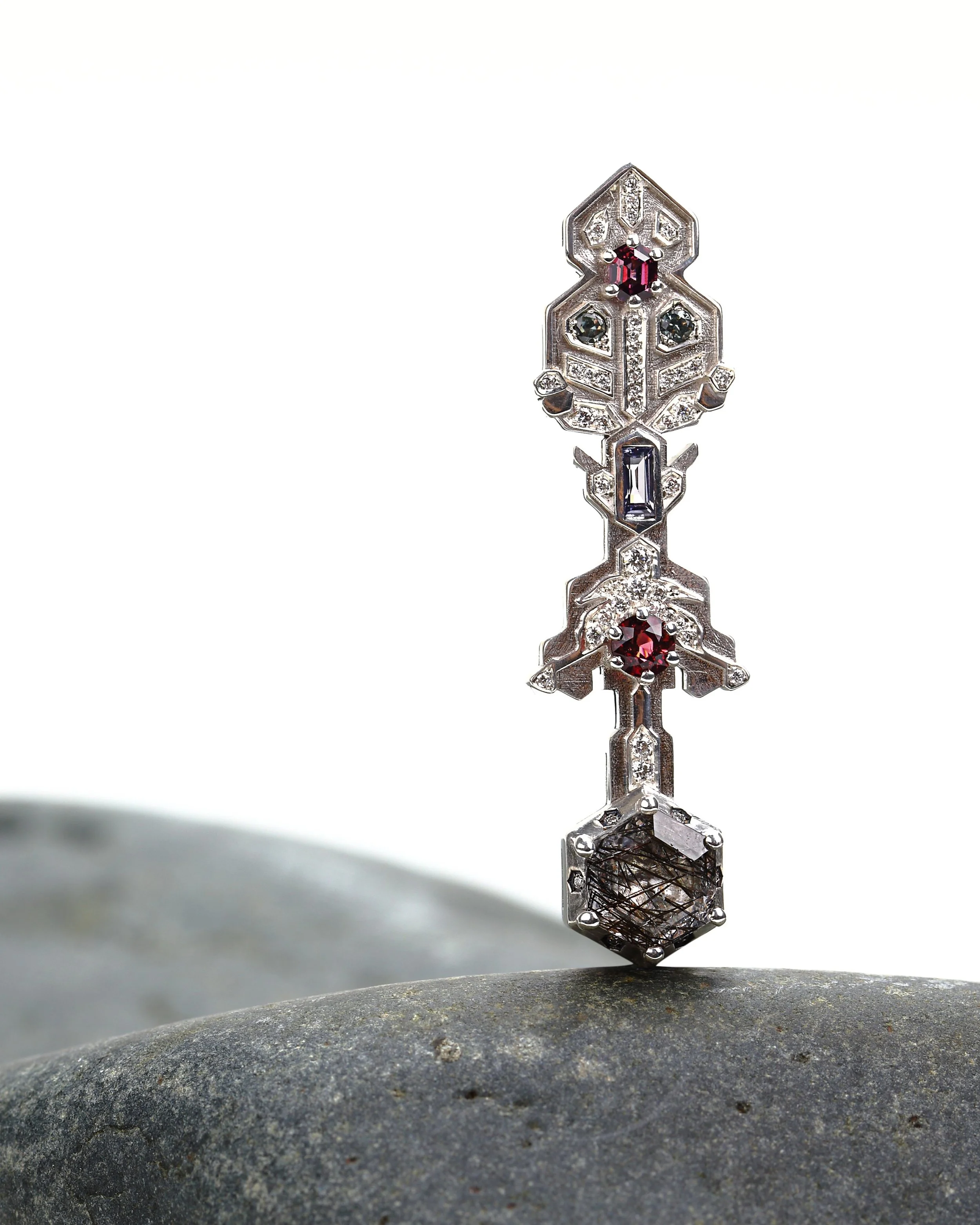 78° North Brooch, diamonds, spinels, tourmaline, sapphires, quartz, 18k gold, silver