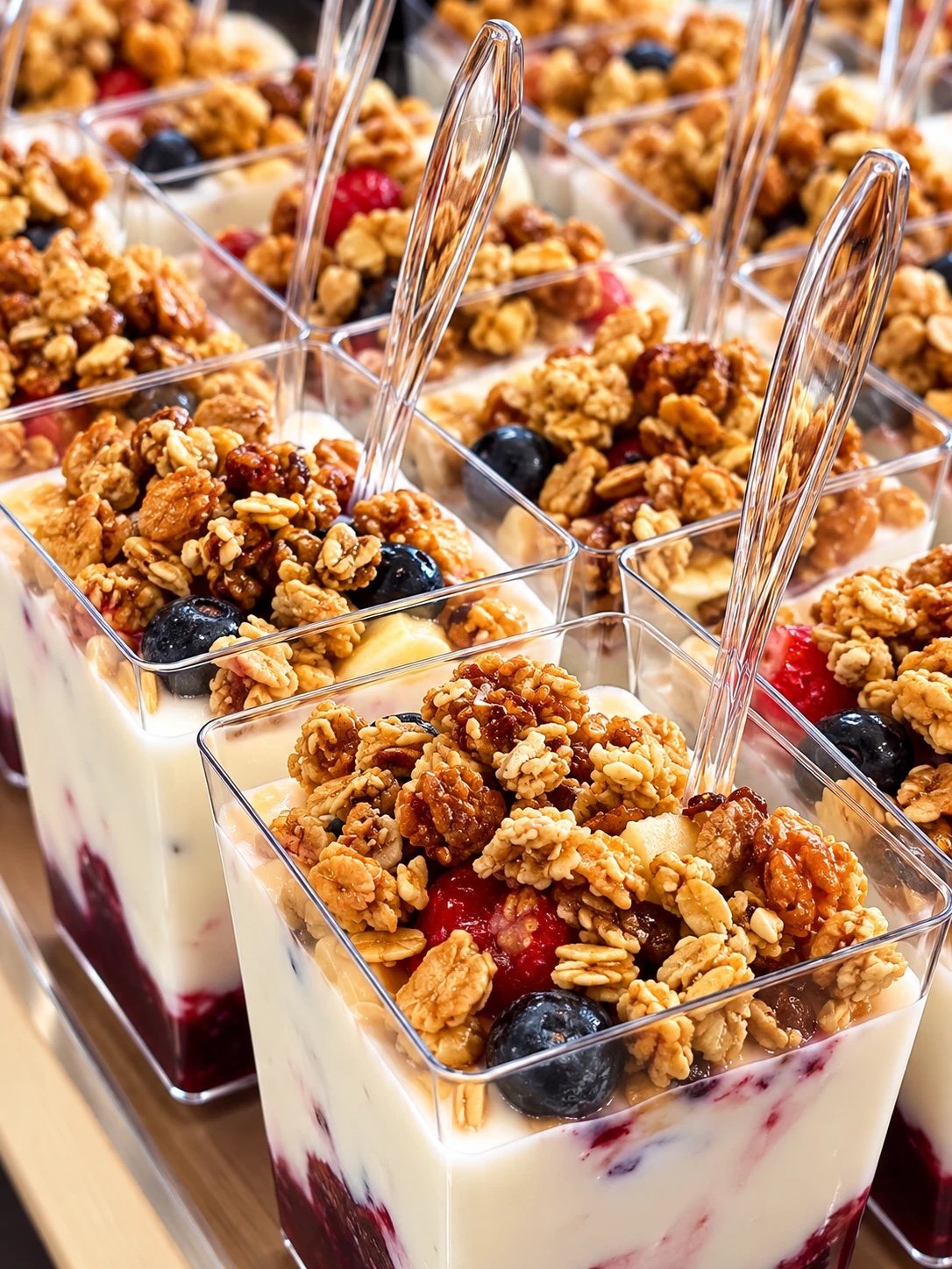 Individual Greek yogurt parfait cups layered with berries and granola for grab-and-go office breakfast