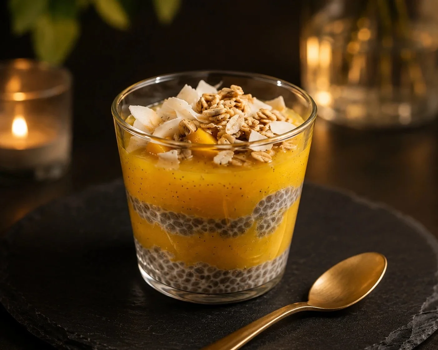 Layered mango chia pudding in a glass with toasted coconut and granola, plated for a client brunch