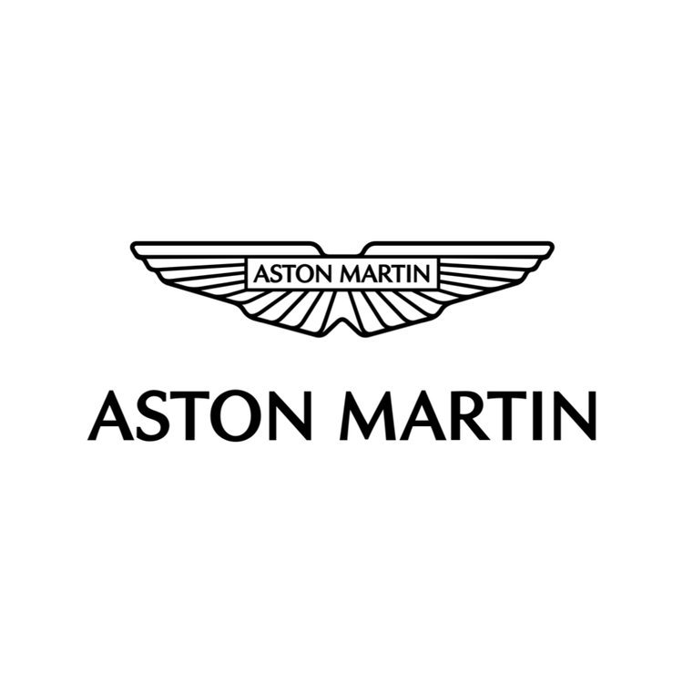 Black and white Aston Martin logo with stylized wing design and the words 'Aston Martin' in bold capital letters.
